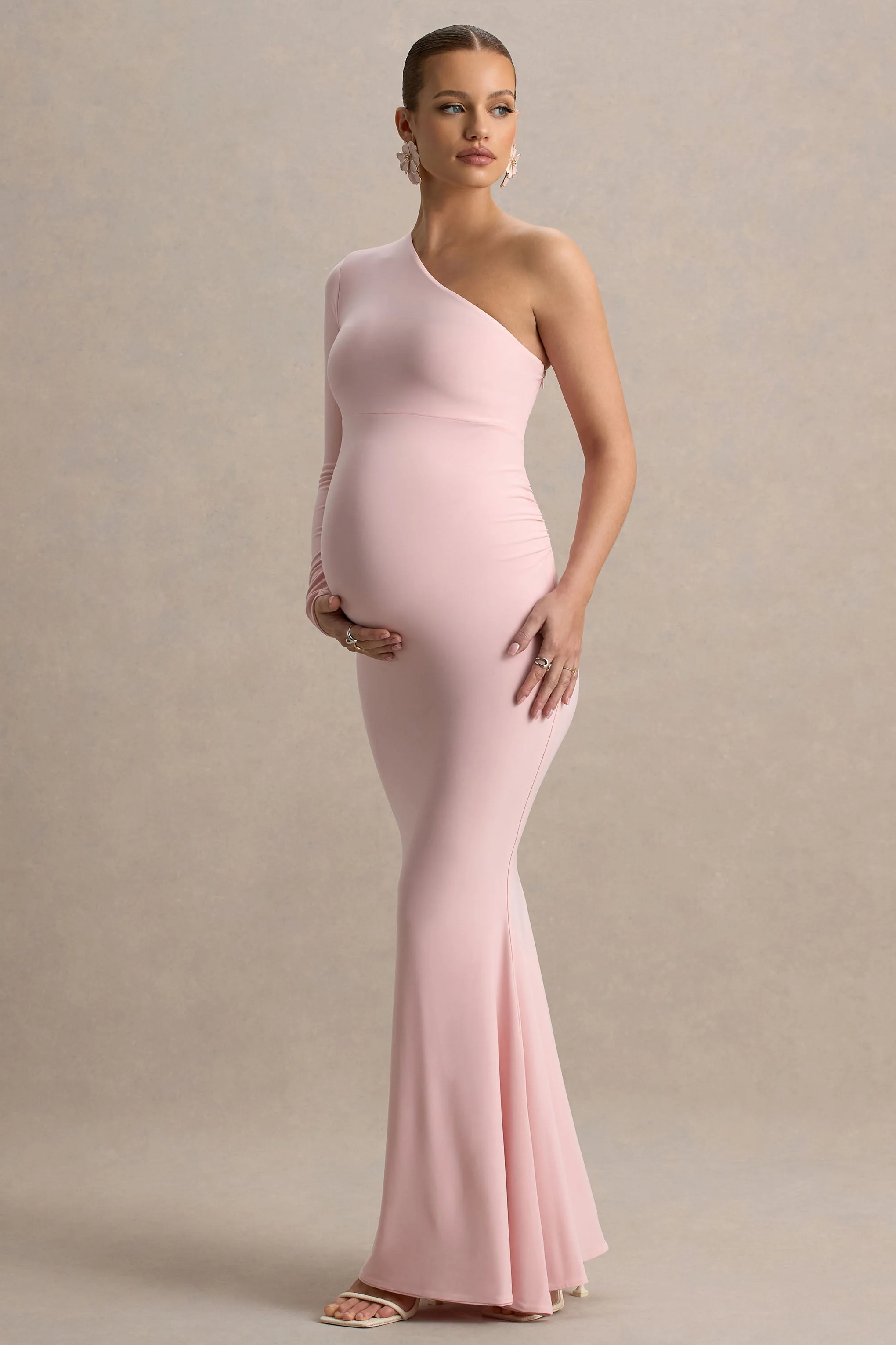 Heloise | Roze Asymmetrische Zwangerschaps Maxi Jurk Met Eèn mouw - Image 5