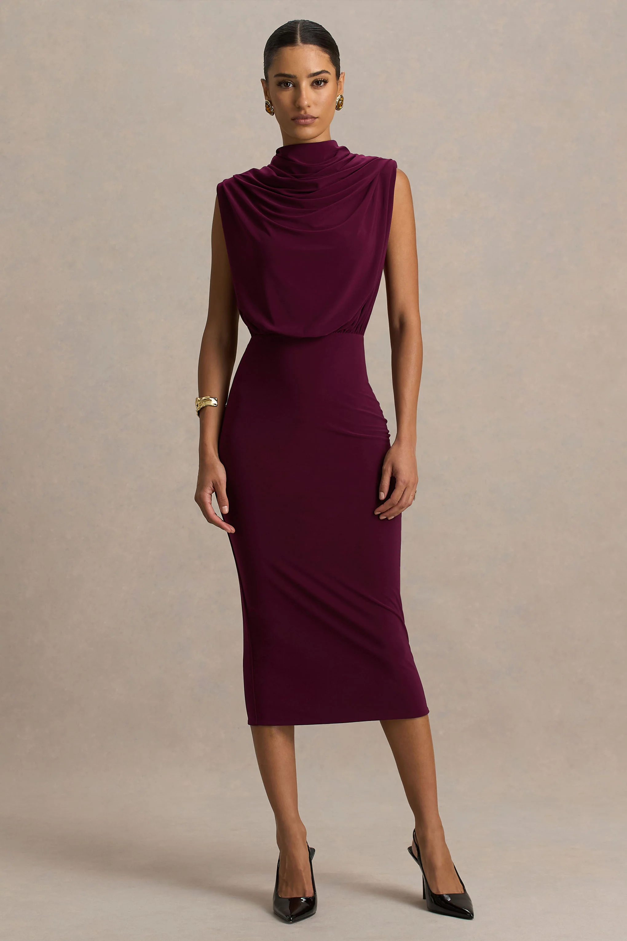 Hermia | Bordeaux Hoge Hals Midi Jurk