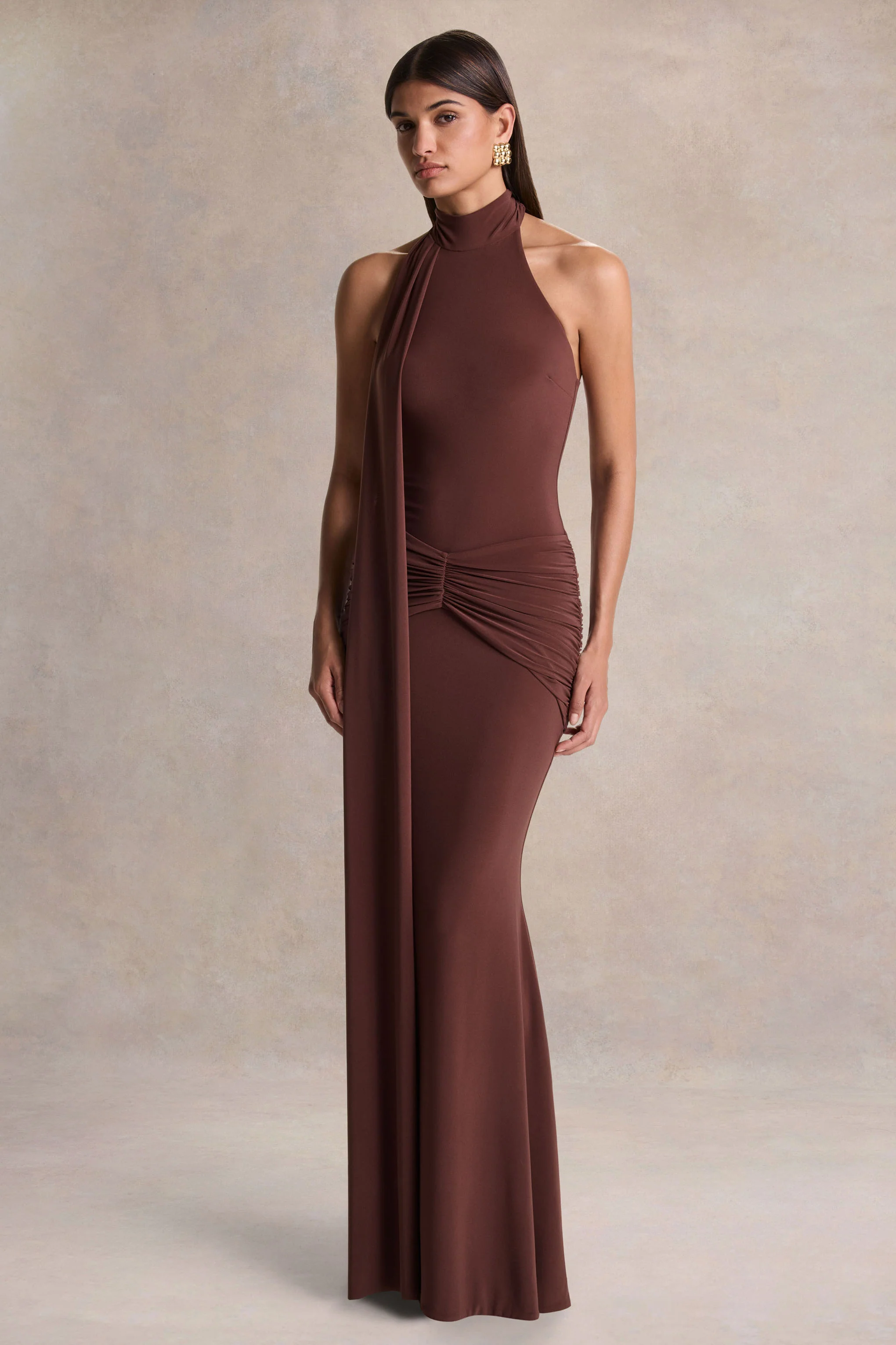 Hyla | Bruine Hoge Hals Maxi Jurk Met Ceintuur Detail - Image 4