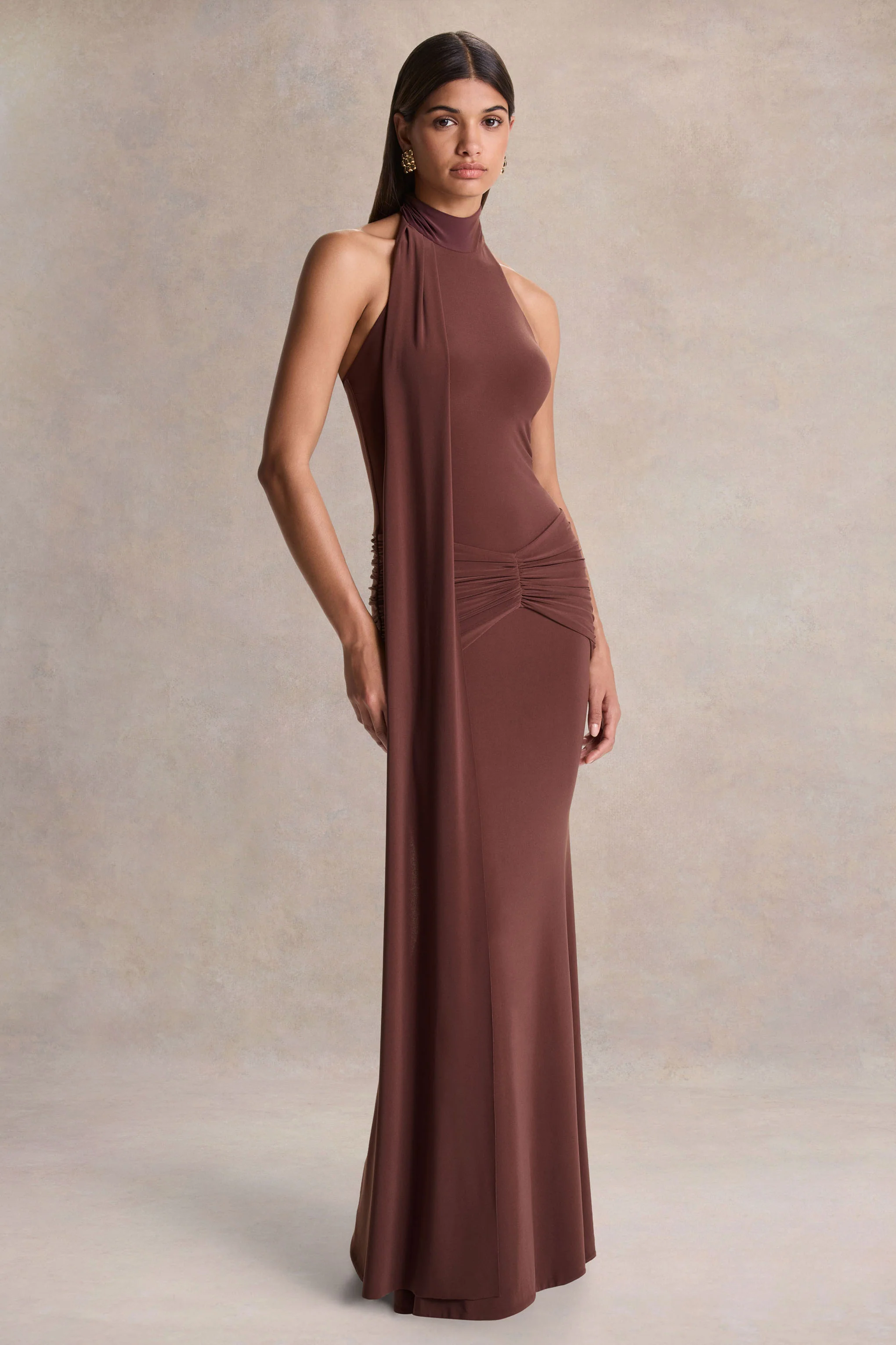 Hyla | Bruine Hoge Hals Maxi Jurk Met Ceintuur Detail - Image 5