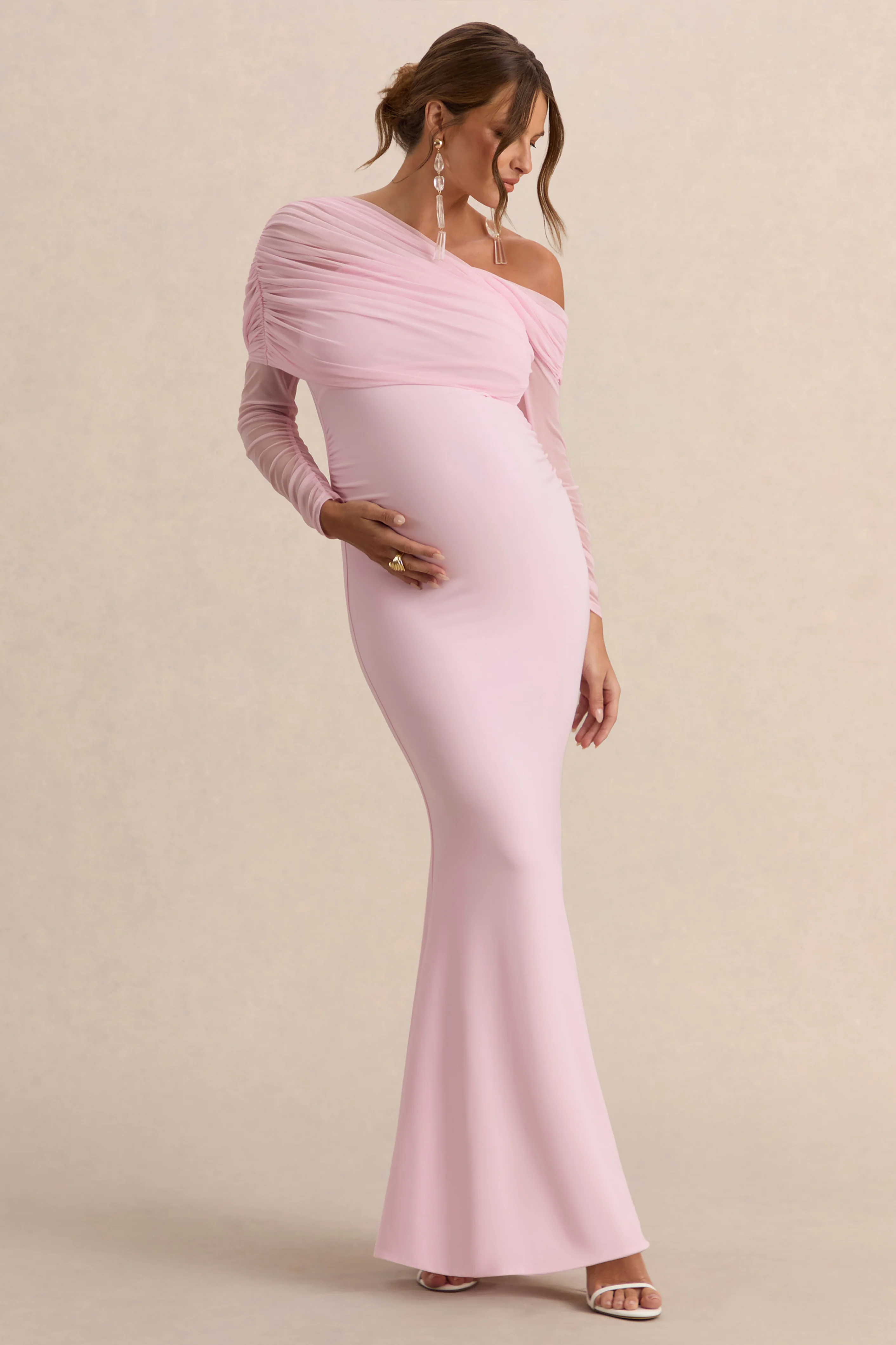 Ianthe | Licht Roze Asymmetrische Hals Zwangerschap Maxi Jurk Met Mesh Lange Mouwen