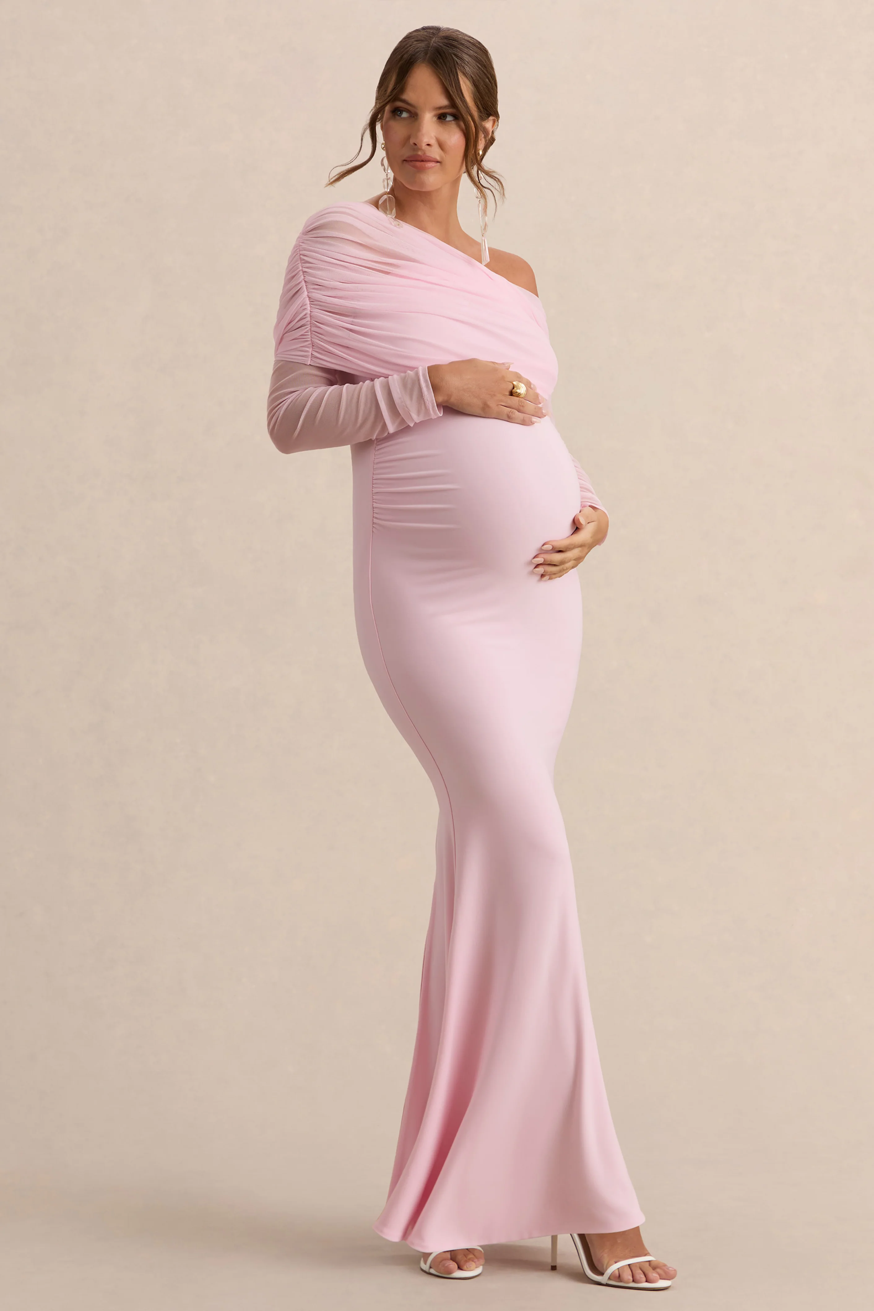 Ianthe | Licht Roze Asymmetrische Hals Zwangerschap Maxi Jurk Met Mesh Lange Mouwen - Image 5