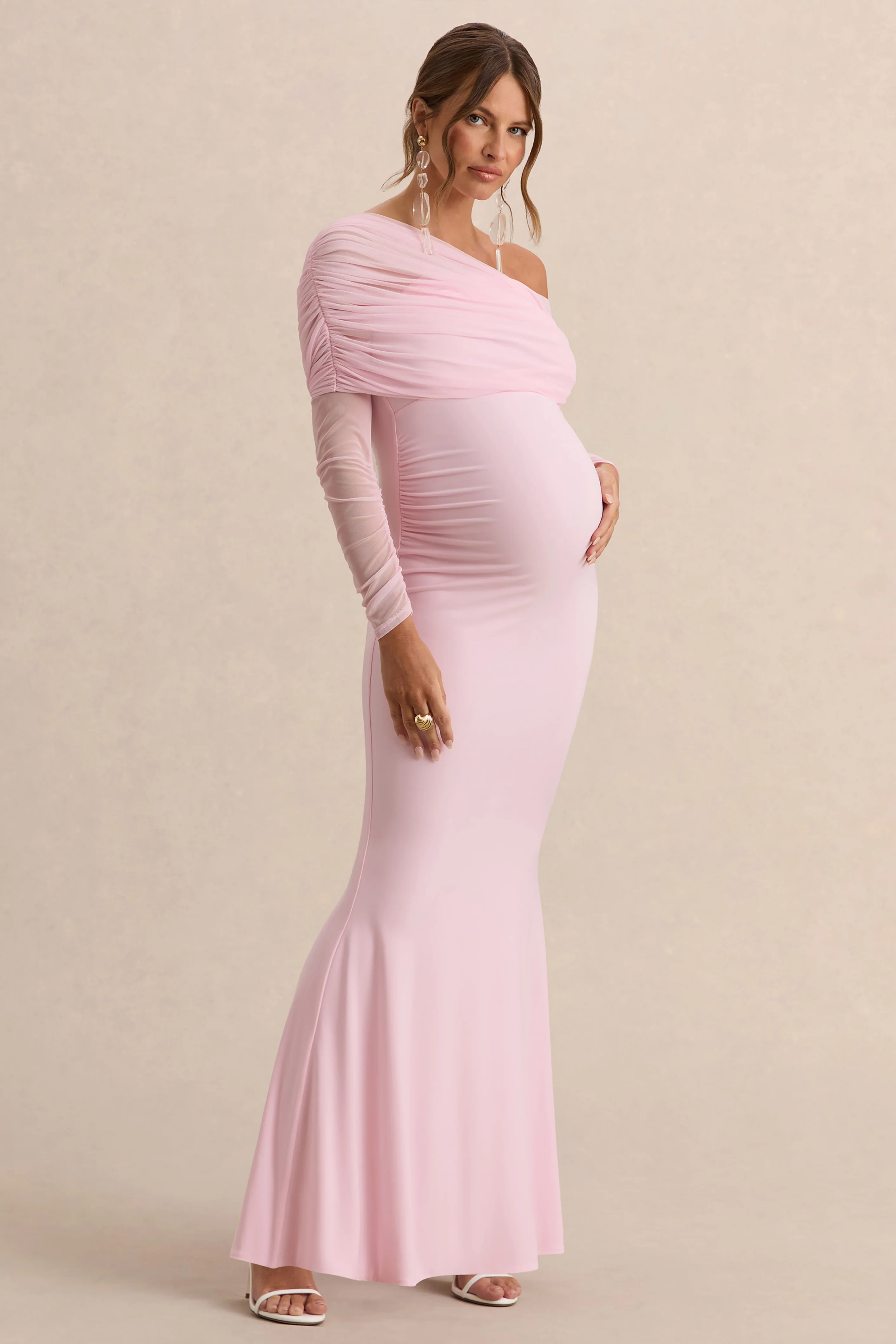 Ianthe | Licht Roze Asymmetrische Hals Zwangerschap Maxi Jurk Met Mesh Lange Mouwen - Image 6