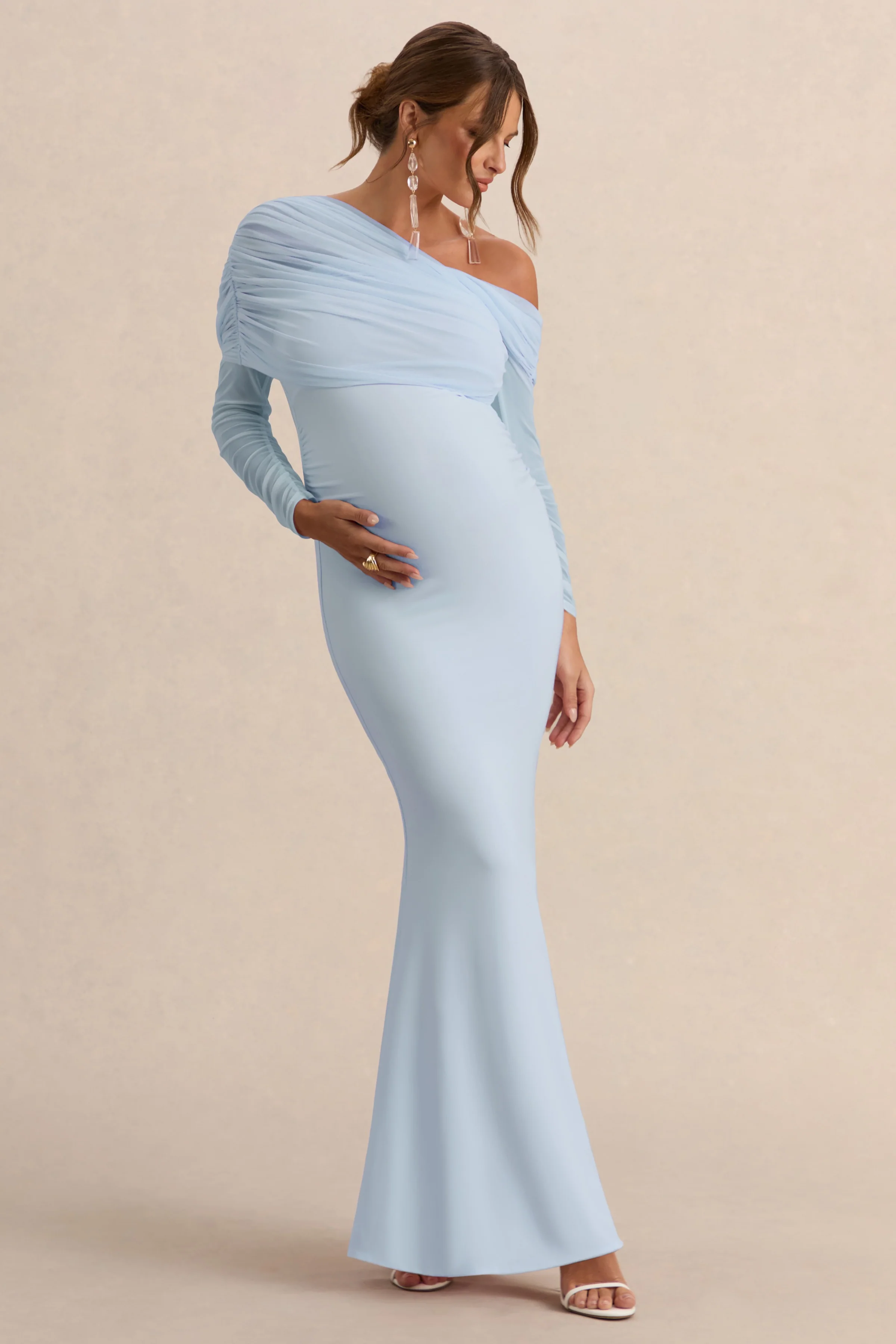 Ianthe | Lichtblauwe Asymmetrische Hals Zwangerschap Maxi Jurk Met Lange Mesh Mouwen - Image 5