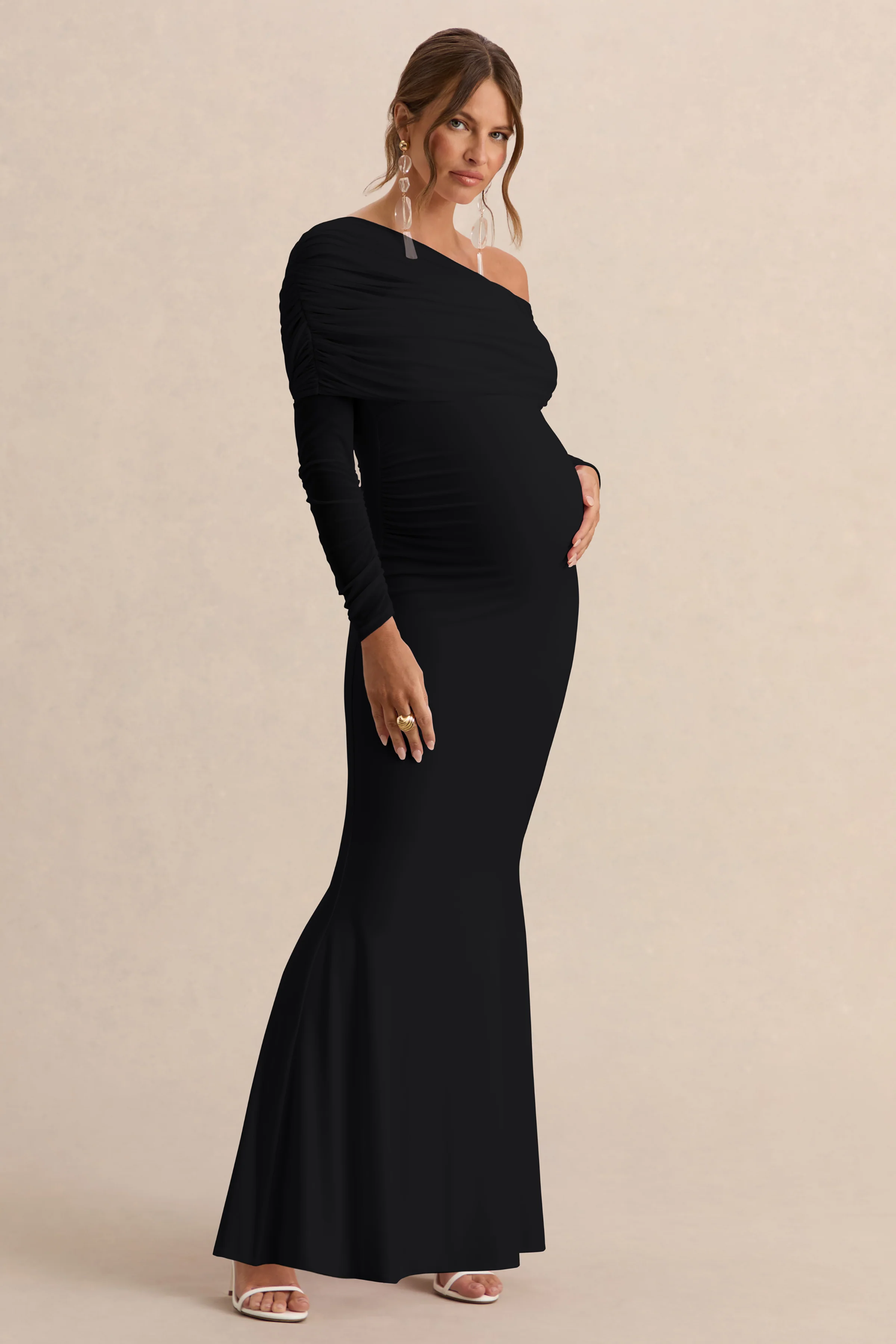 Ianthe | Zwarte Asymmetrische Hals Zwangerschap Maxi Jurk Met Mesh Lange Mouwen - Image 5