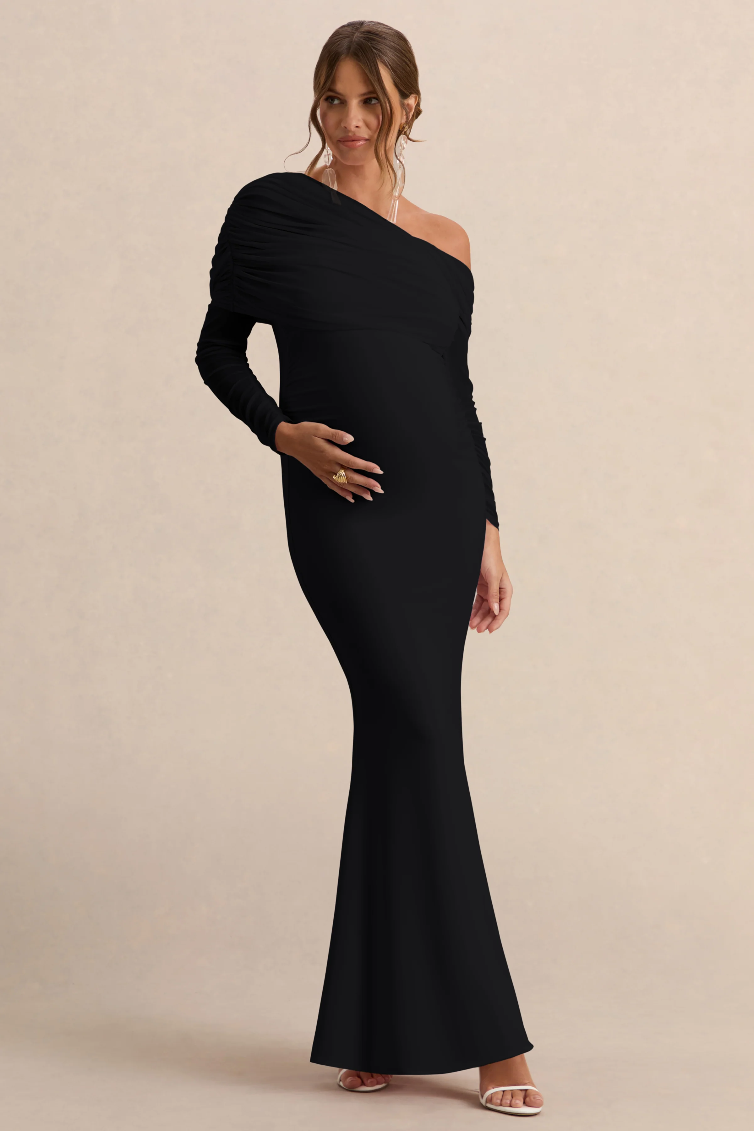 Ianthe | Zwarte Asymmetrische Hals Zwangerschap Maxi Jurk Met Mesh Lange Mouwen - Image 6