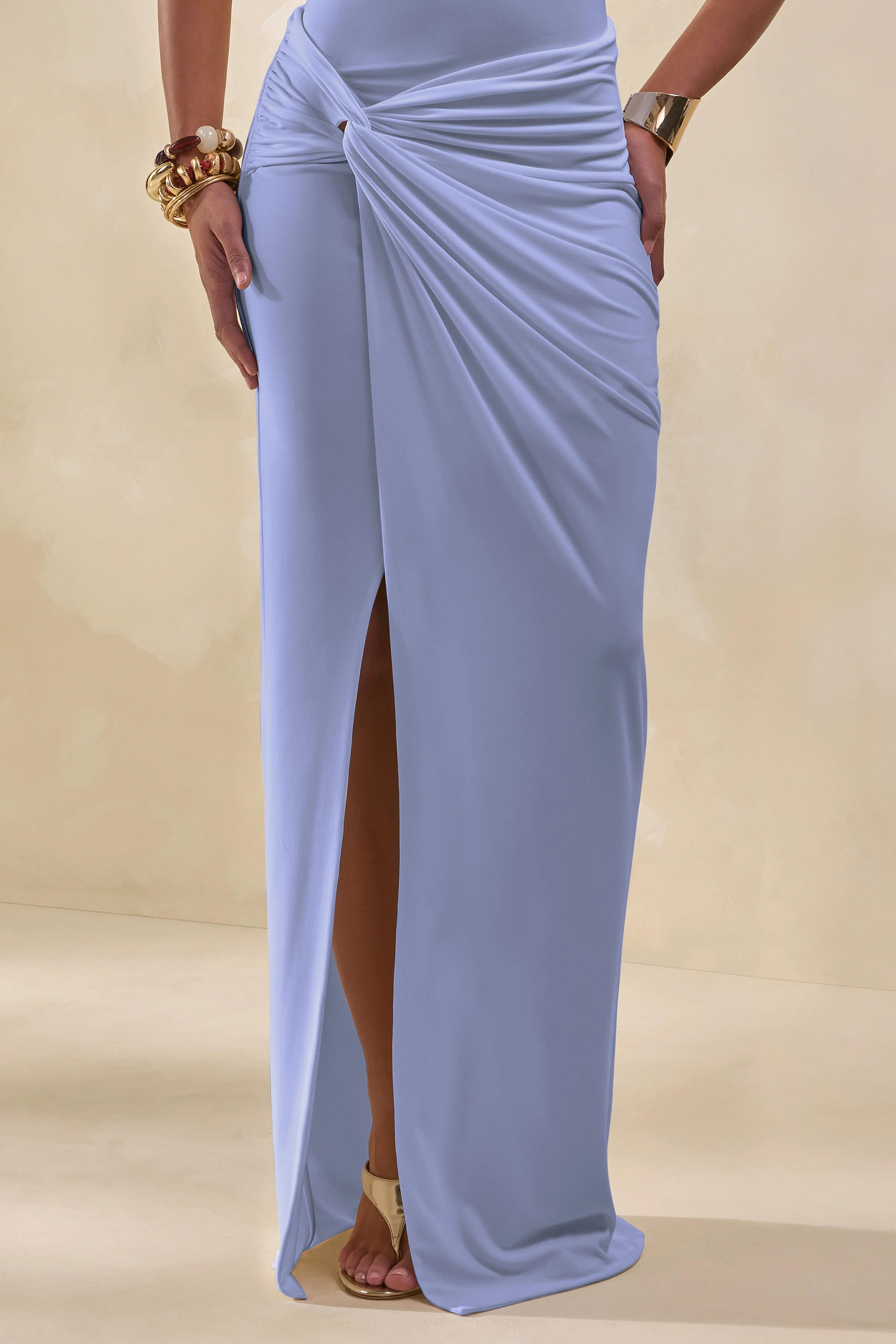 Idris | Blauwe Gedraaide Taille Maxi Rok met Voorsplit