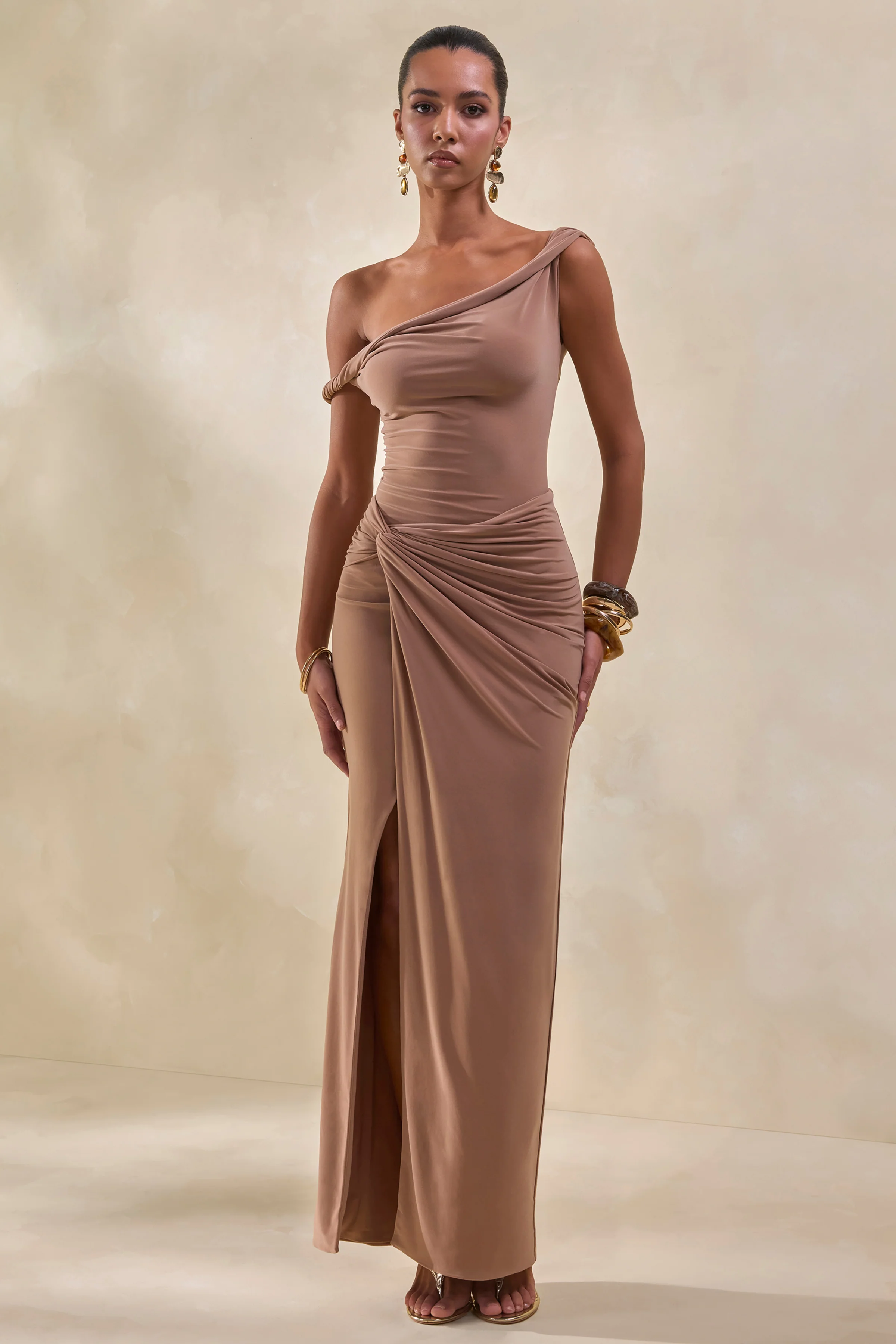 Idris | Bruine Gedraaide Taille Maxi Rok met Voorsplit - Image 2