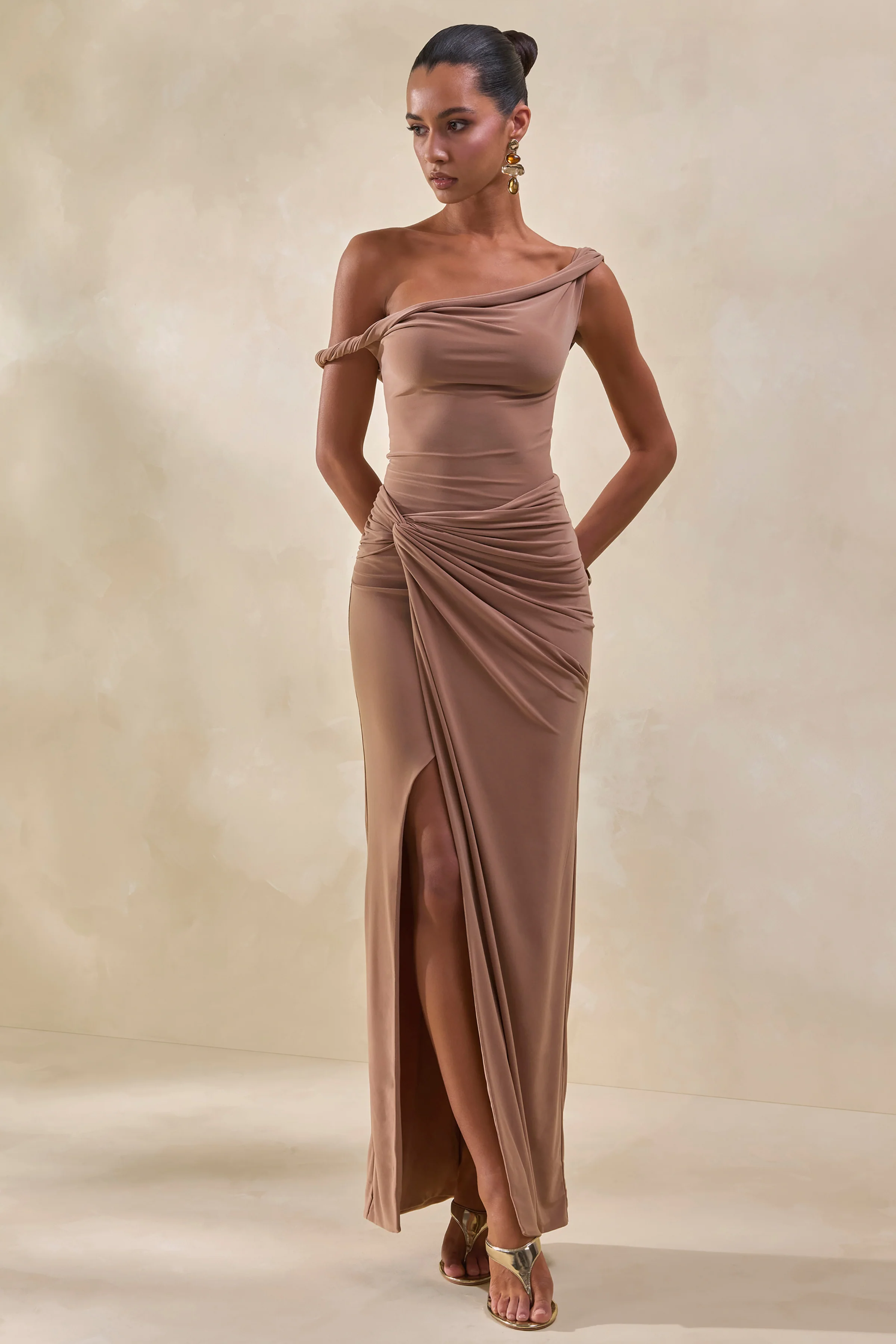 Idris | Bruine Gedraaide Taille Maxi Rok met Voorsplit - Image 5