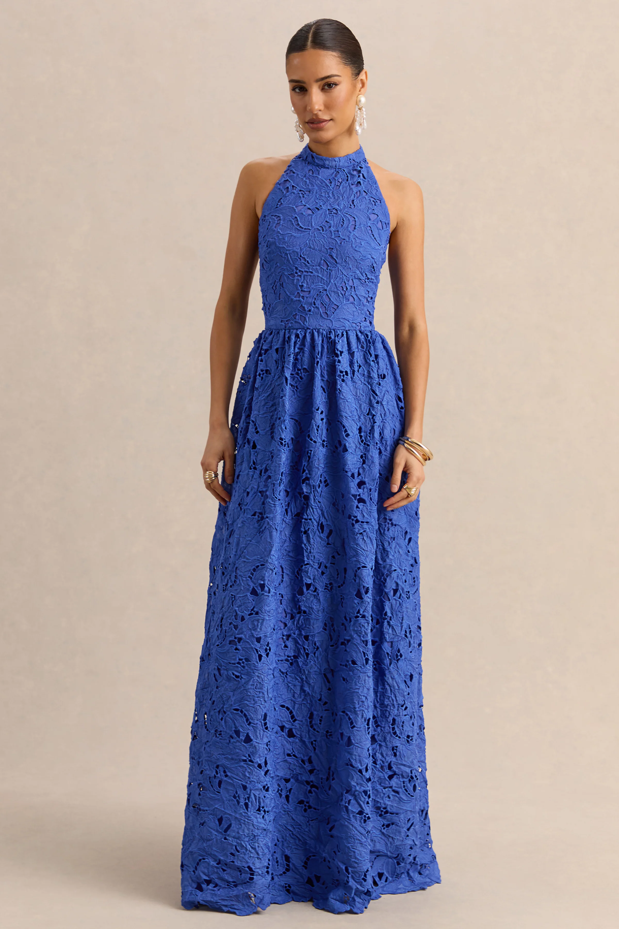 Indiana | Donkerblauwe Broderie Halternek Maxi Jurk