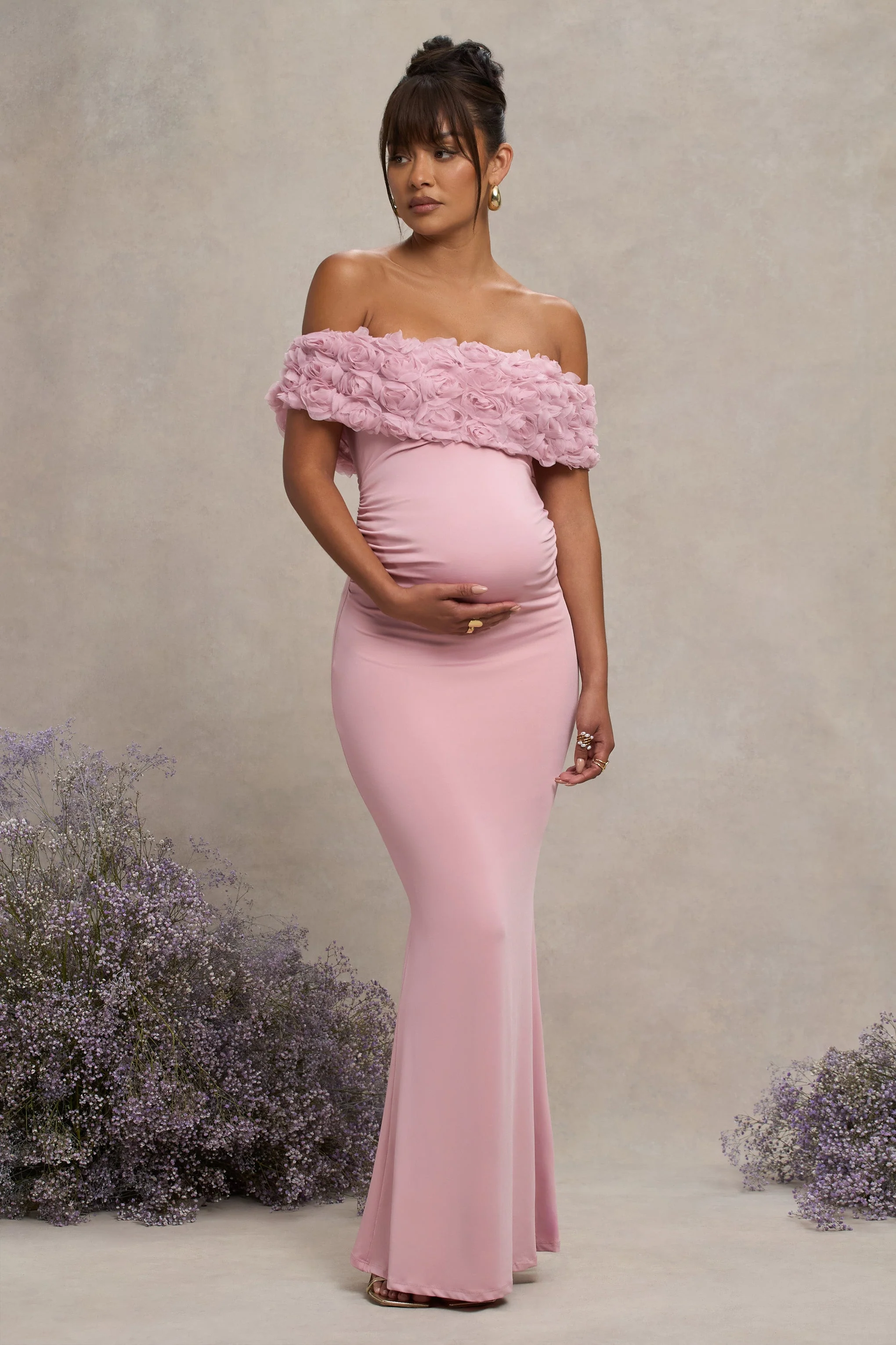Inflorescence | Blosroze Mesh Bloemen Bardot Zwangerschaps Maxi Jurk