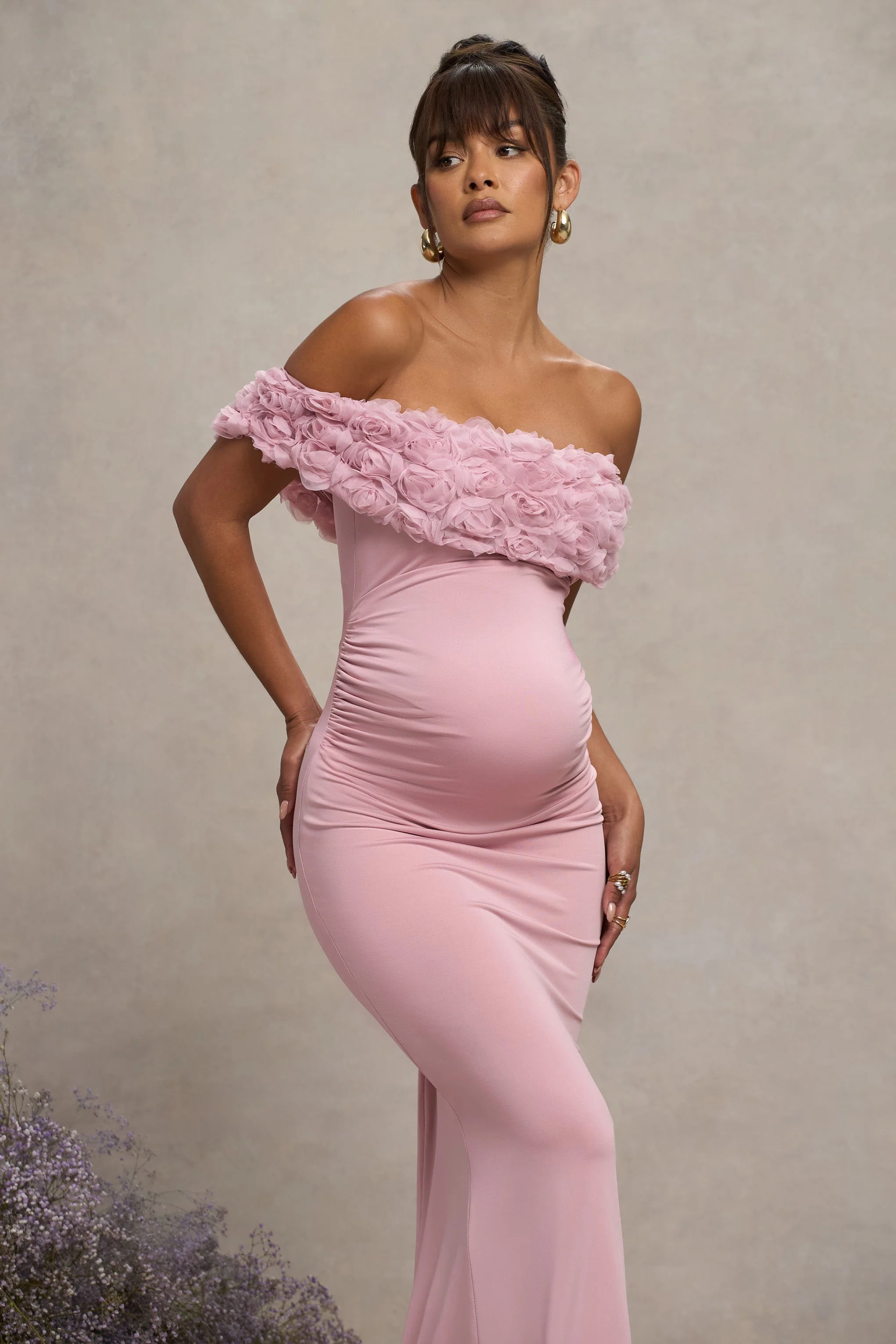 Inflorescence | Blosroze Mesh Bloemen Bardot Zwangerschaps Maxi Jurk - Image 3