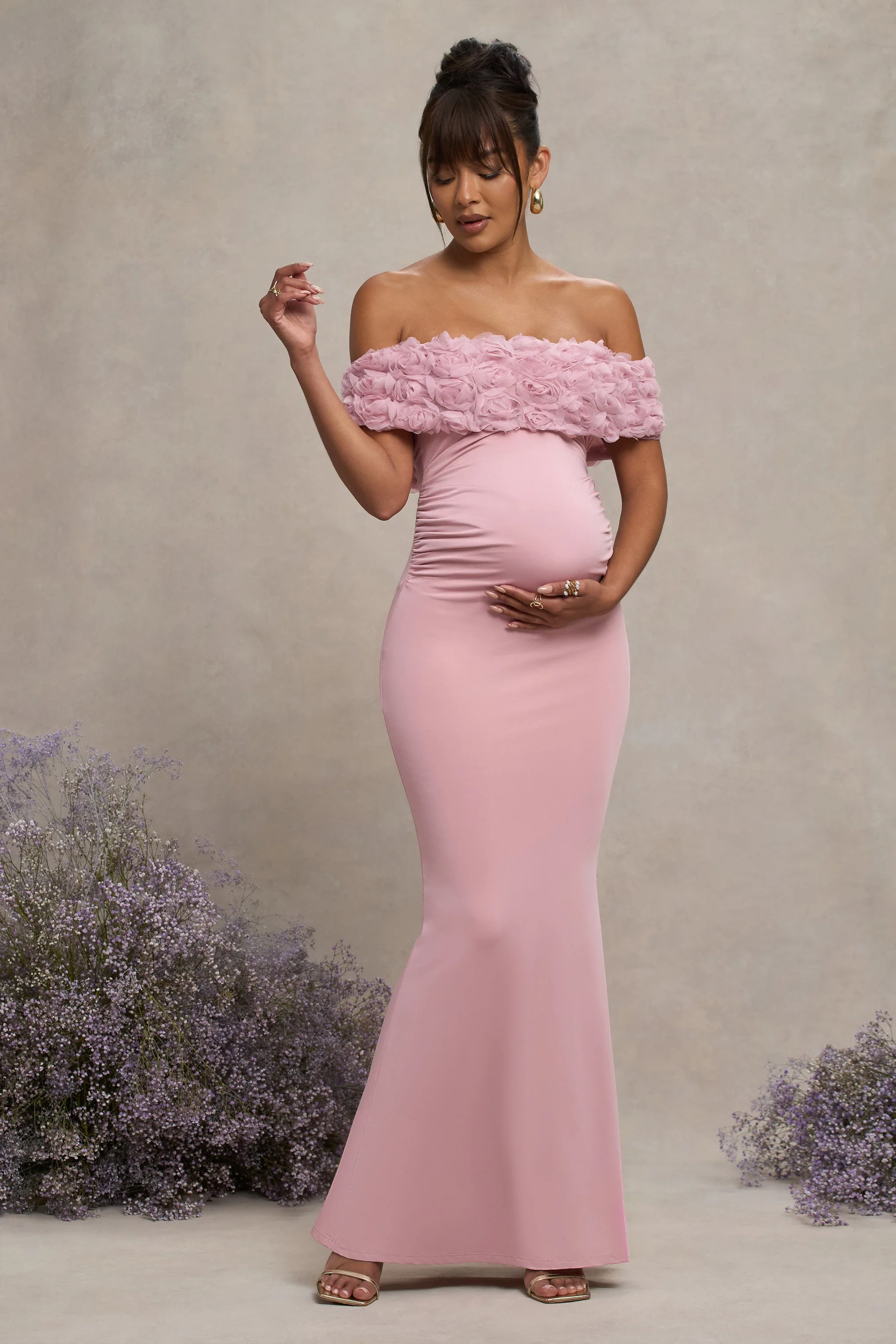 Inflorescence | Blosroze Mesh Bloemen Bardot Zwangerschaps Maxi Jurk - Image 4