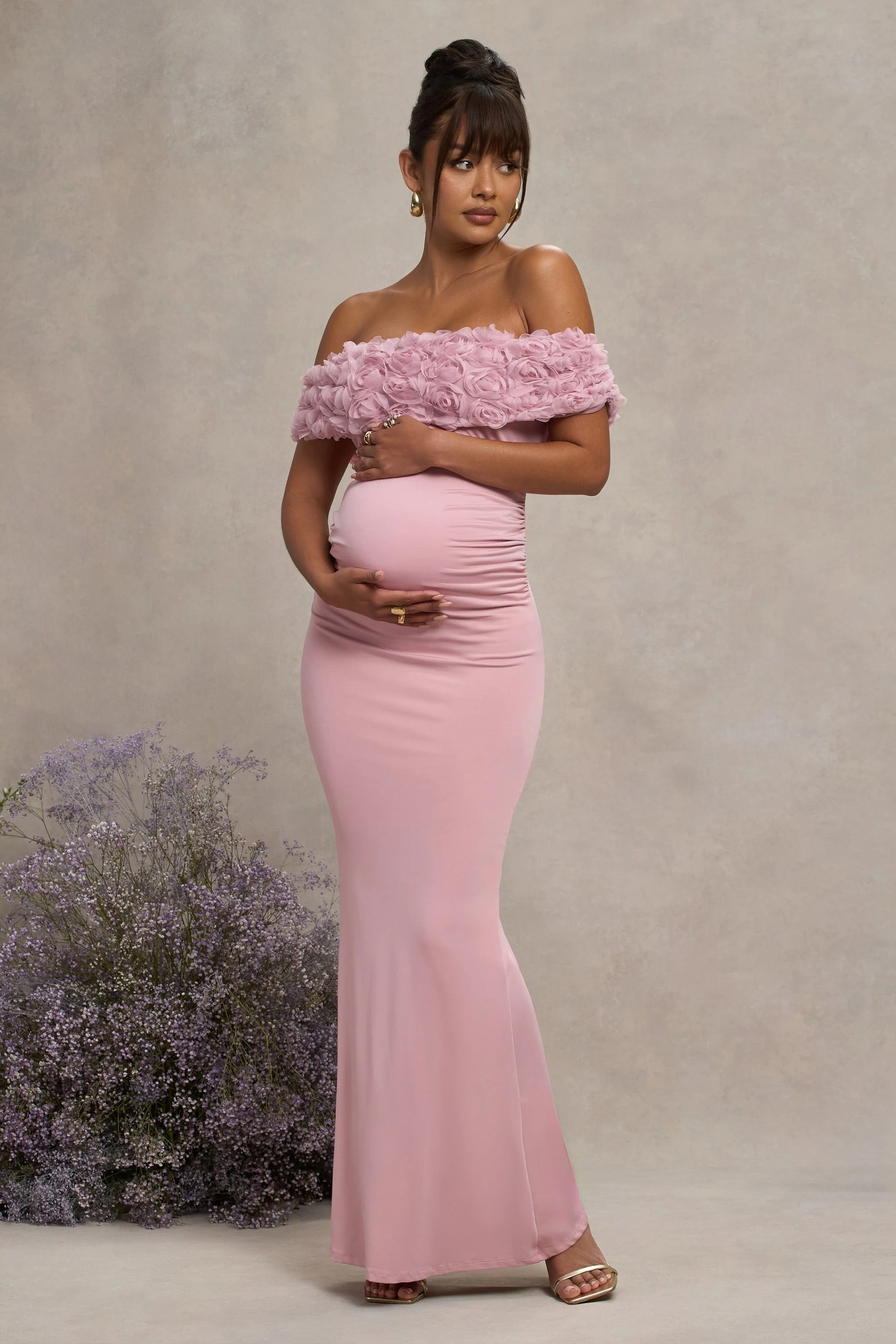 Inflorescence | Blosroze Mesh Bloemen Bardot Zwangerschaps Maxi Jurk - Image 5