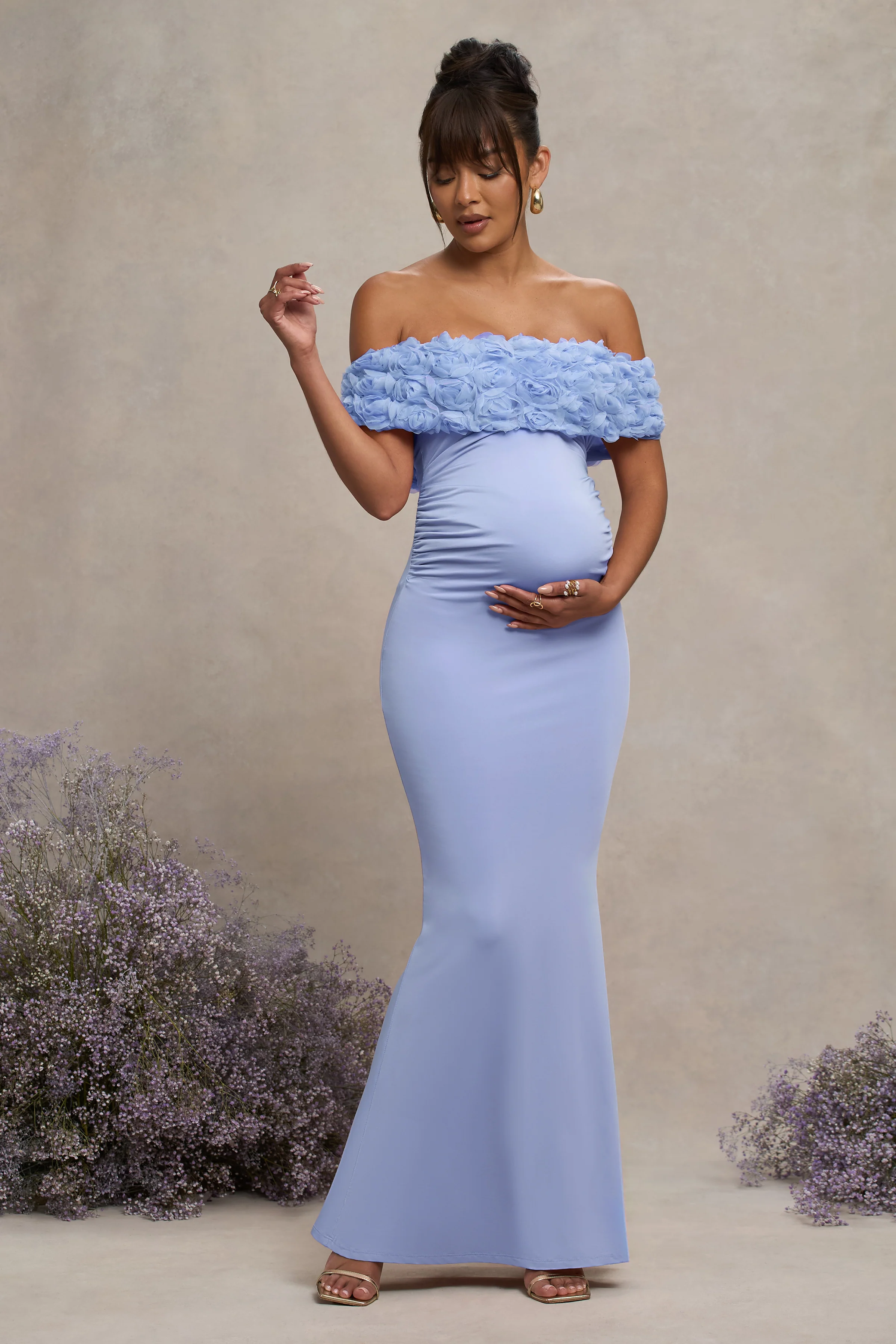 Inflorescence | Poederblauwe Mesh Bloemen Bardot Zwangerschaps Maxi Jurk - Image 4