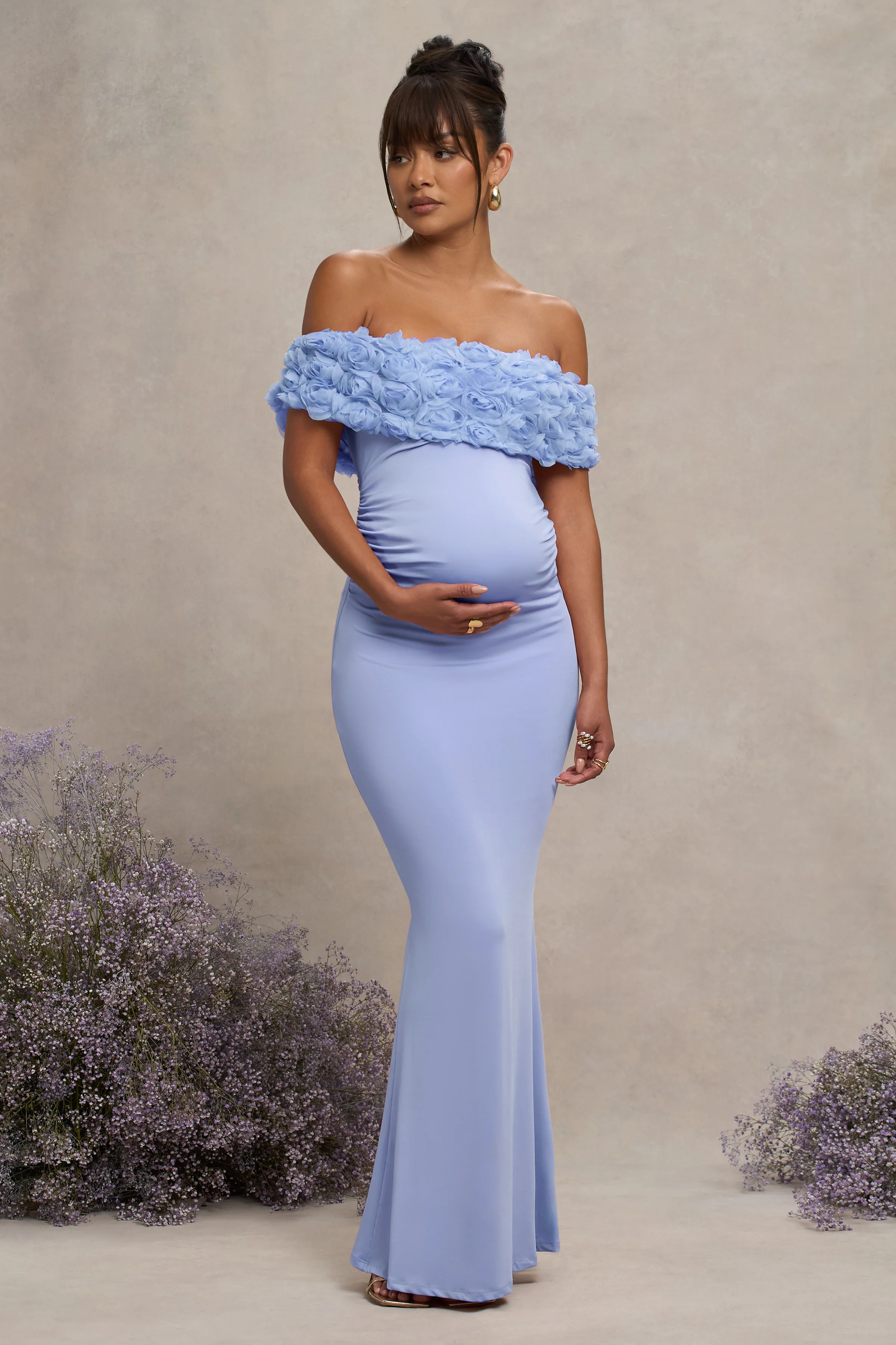 Inflorescence | Poederblauwe Mesh Bloemen Bardot Zwangerschaps Maxi Jurk - Image 5