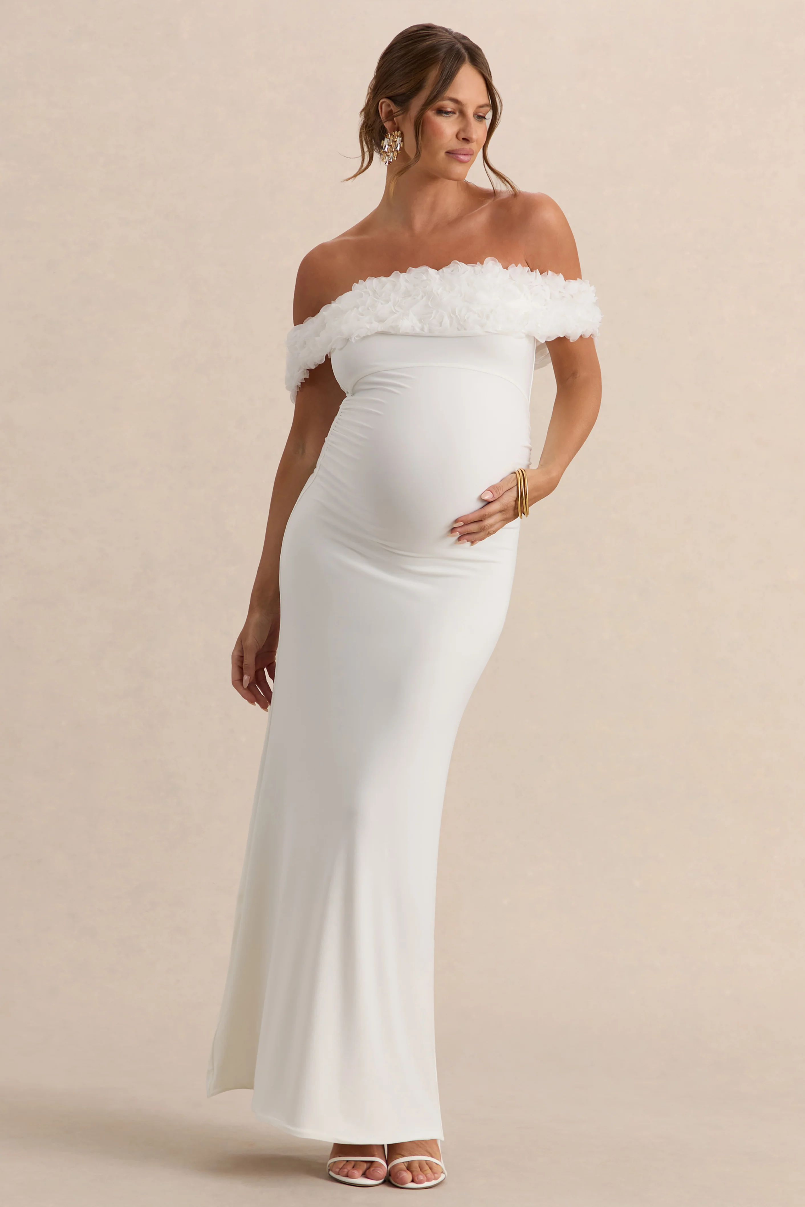 Inflorescence | Witte Mesh Bloemen Bardot Zwangerschaps Maxi Jurk - Image 4