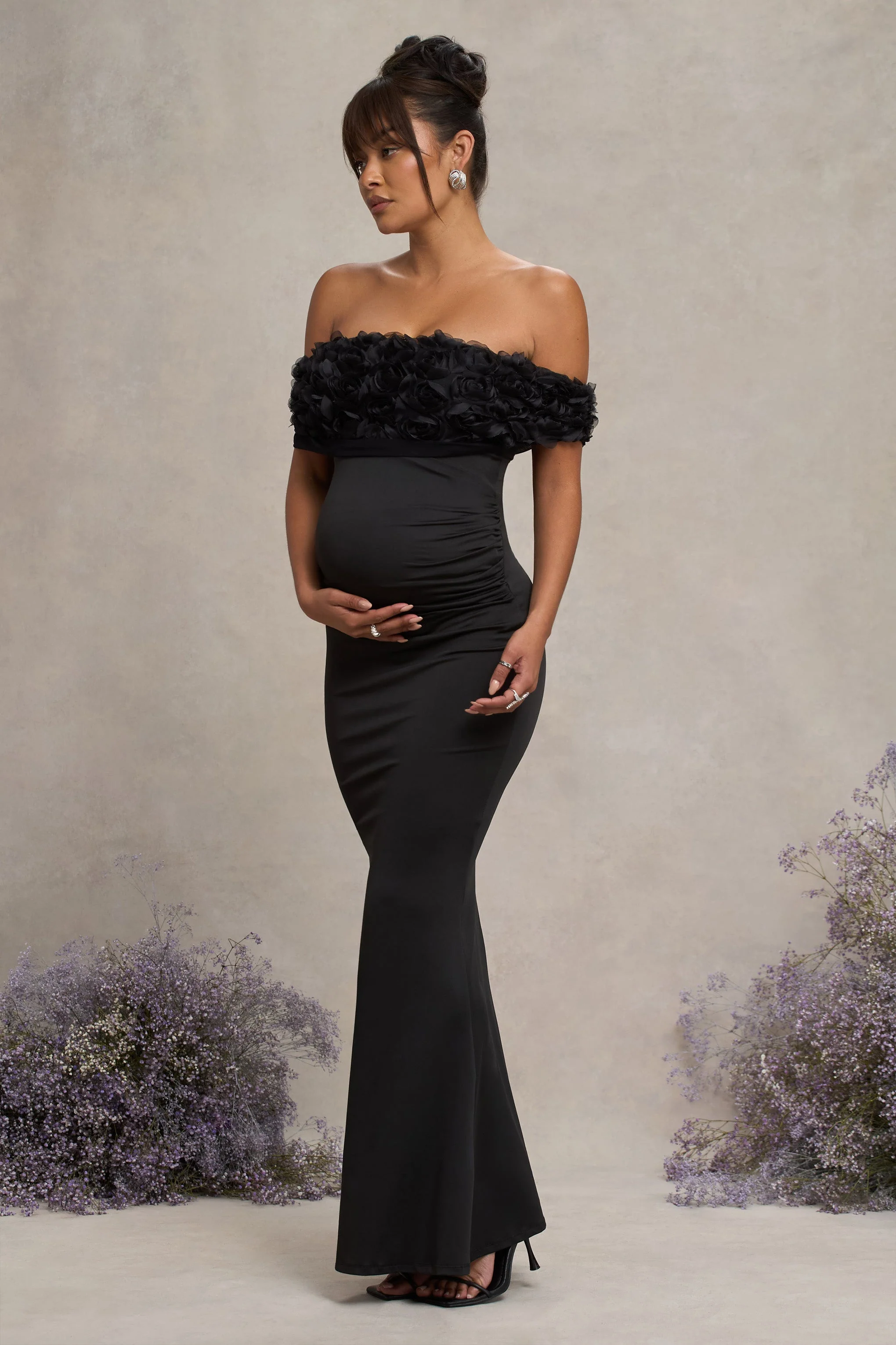 Inflorescence | Zwarte Mesh Bloemen Bardot Zwangerschaps Maxi Jurk - Image 5