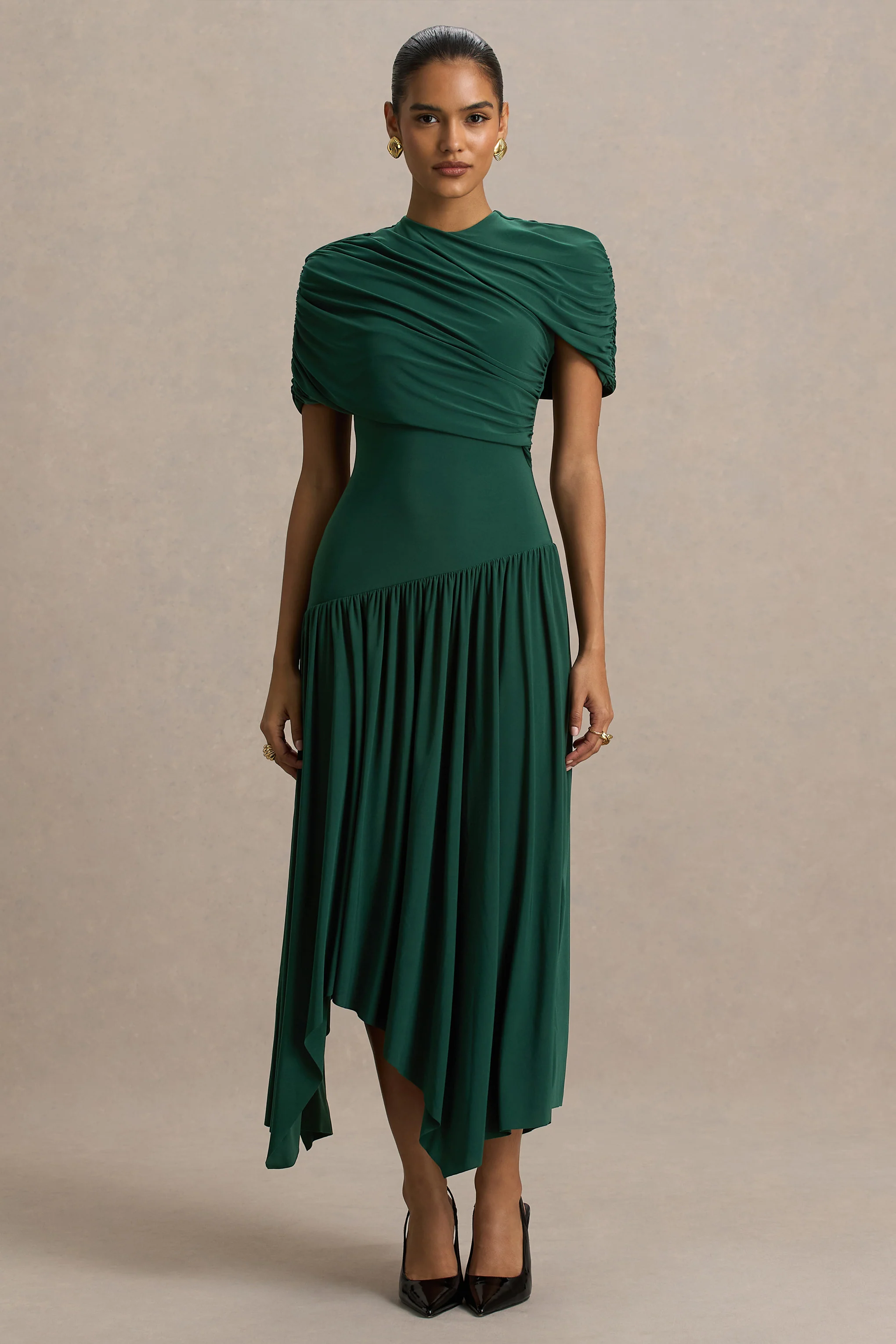 Ione | Blauwgroene Overslag Maxi Jurk Met Zakdoek Zoom
