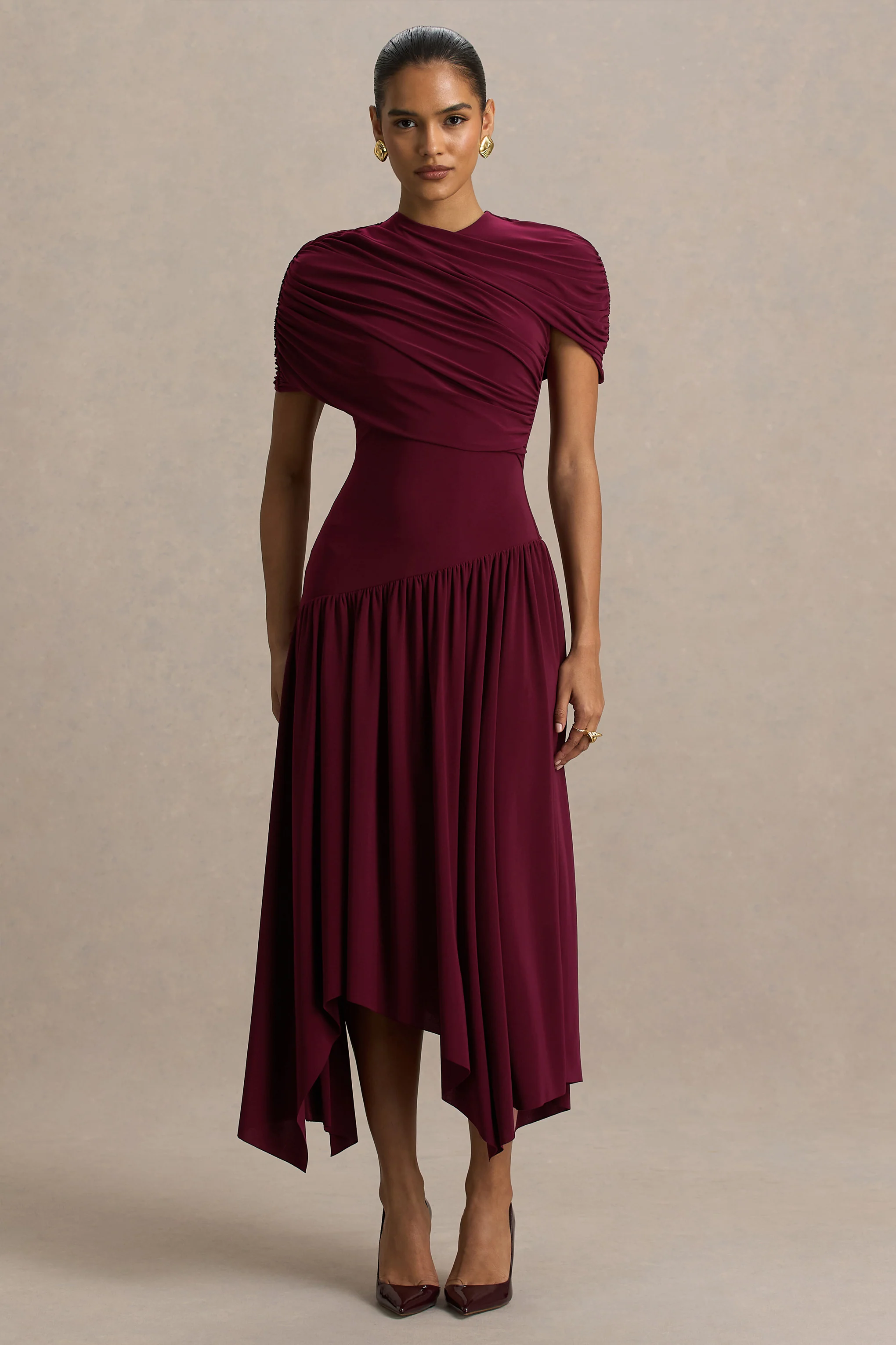 Ione | Bordeaux Overslag Maxi-Jurk Met Zakdoek Zoom