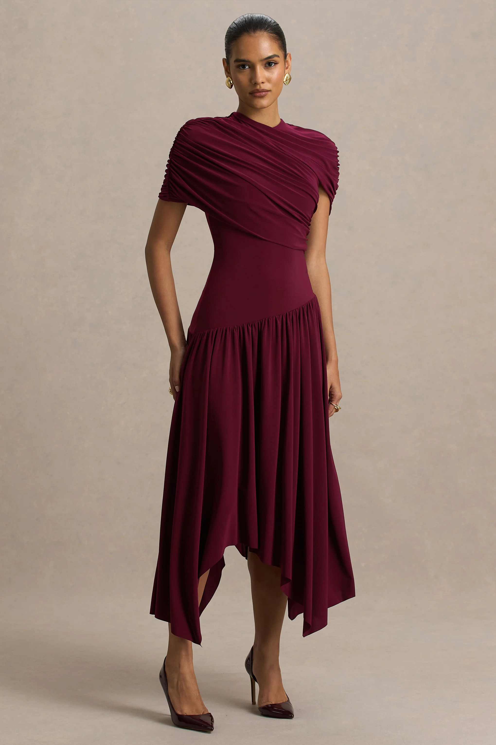 Ione | Bordeaux Overslag Maxi-Jurk Met Zakdoek Zoom - Image 3