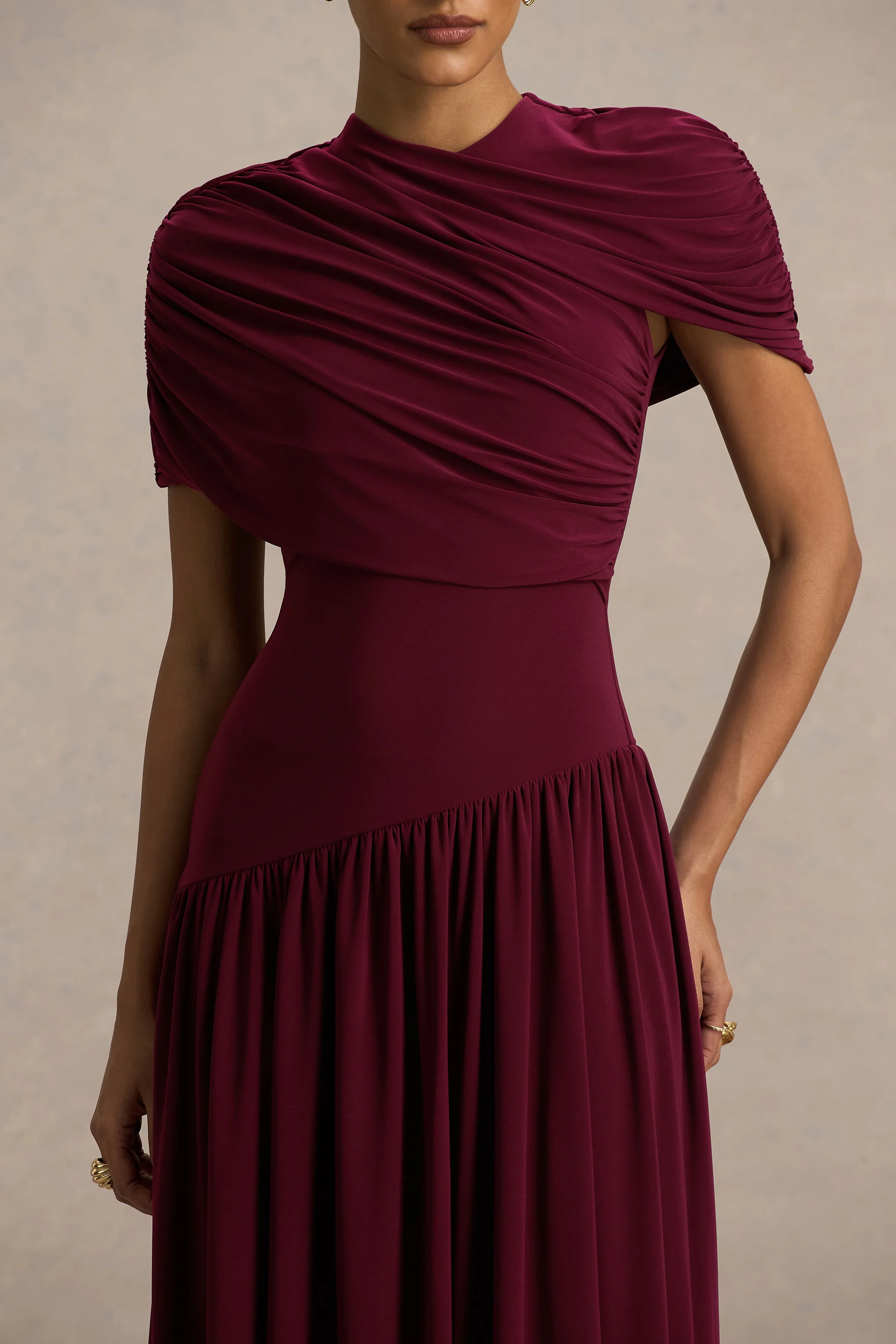 Ione | Bordeaux Overslag Maxi-Jurk Met Zakdoek Zoom - Image 4