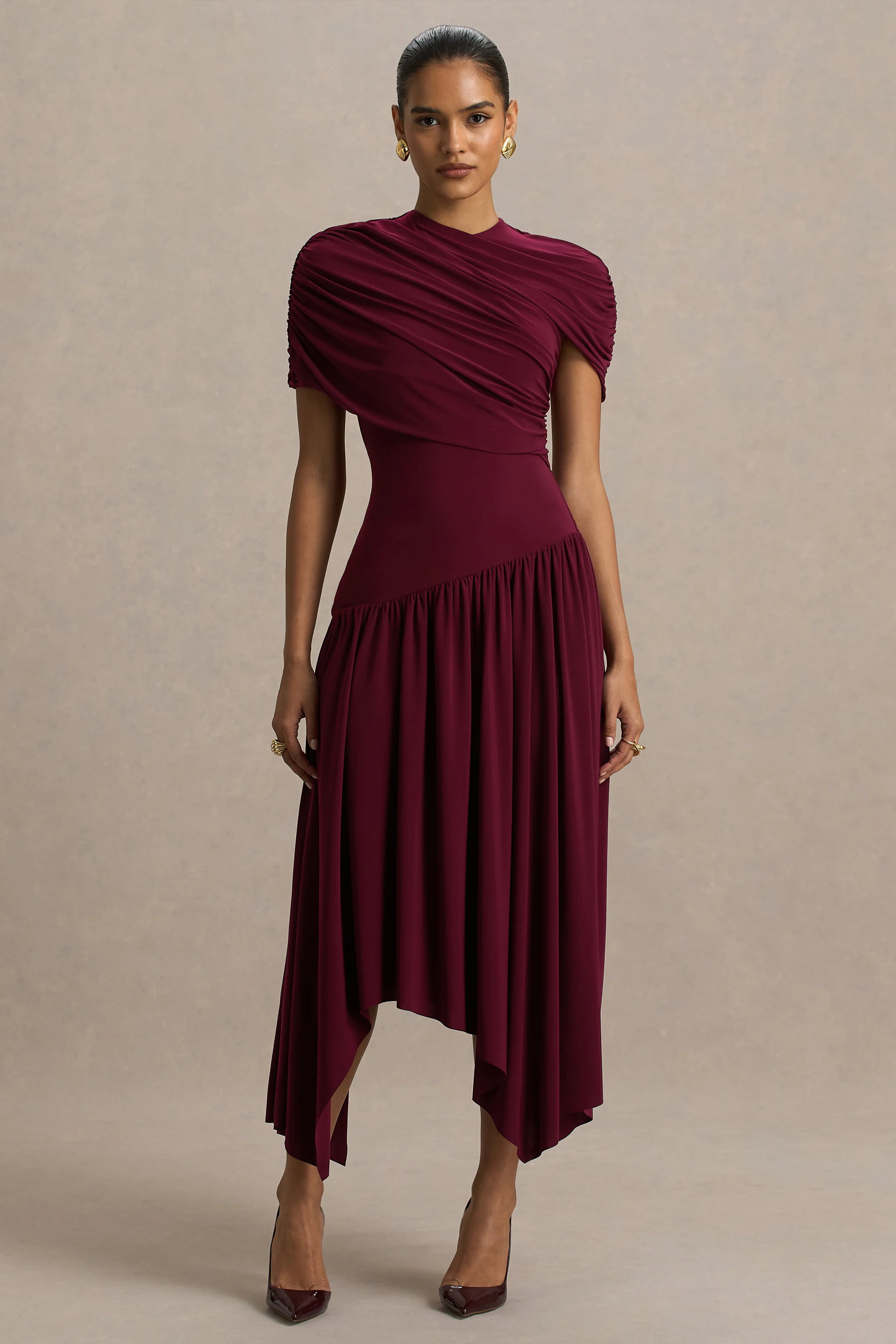 Ione | Bordeaux Overslag Maxi-Jurk Met Zakdoek Zoom - Image 5