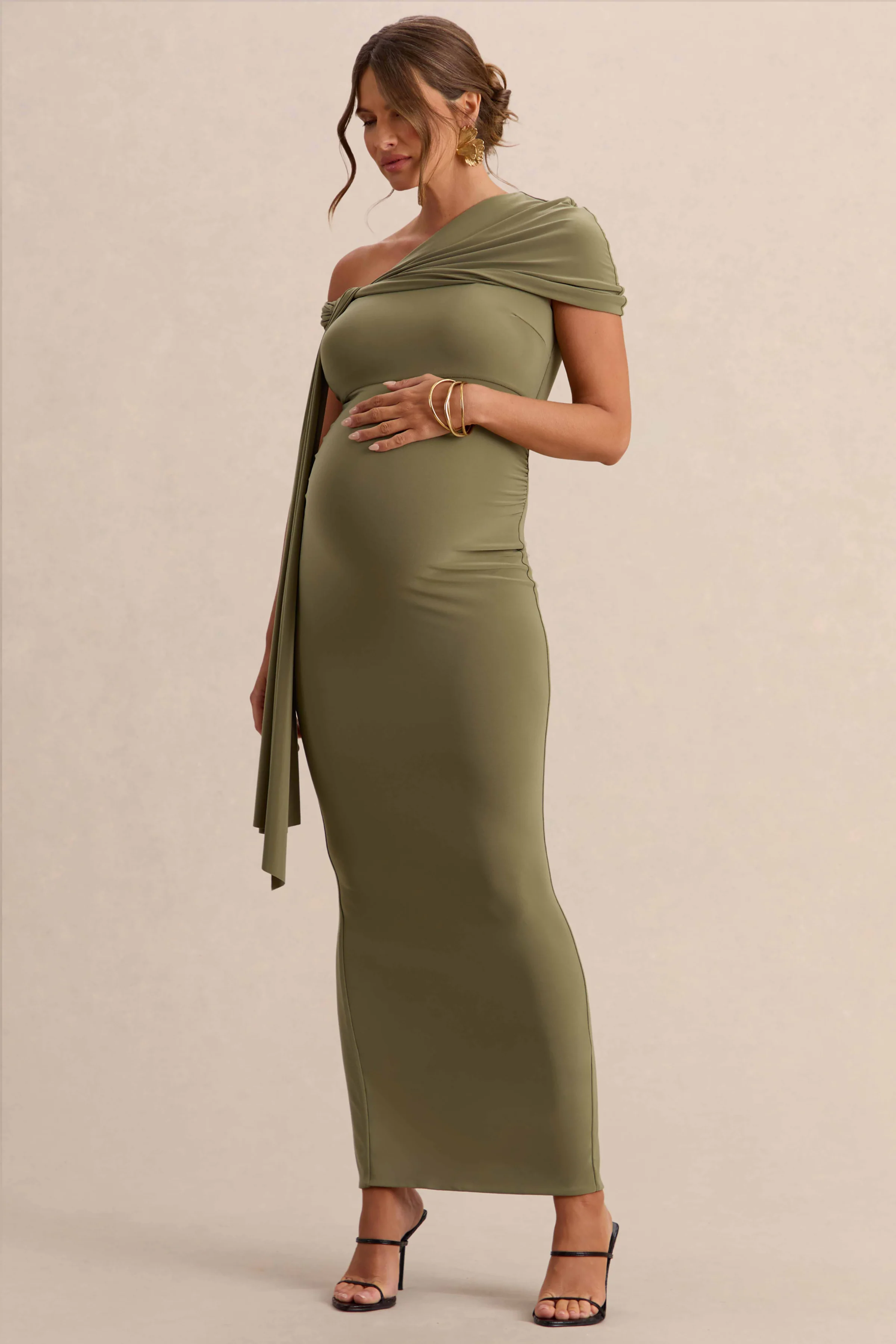 Isela | Kakigroene Asymmetrische Hals Zwangerschaps Maxi Jurk Met Ceintuur Detail