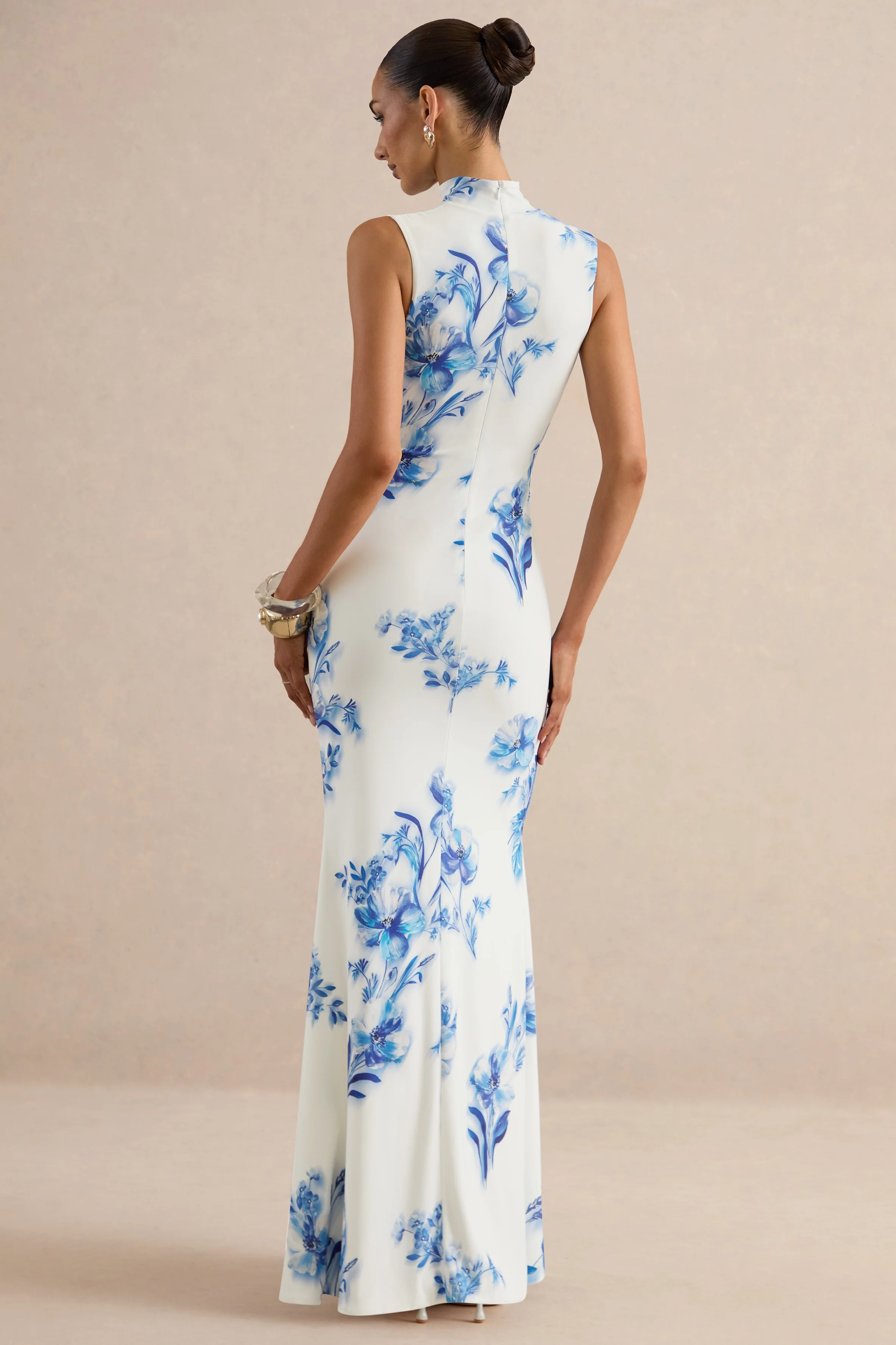 Isella | Blue Floral Print High-Neck Maxi Dress With Gathered Detailing - Image 2