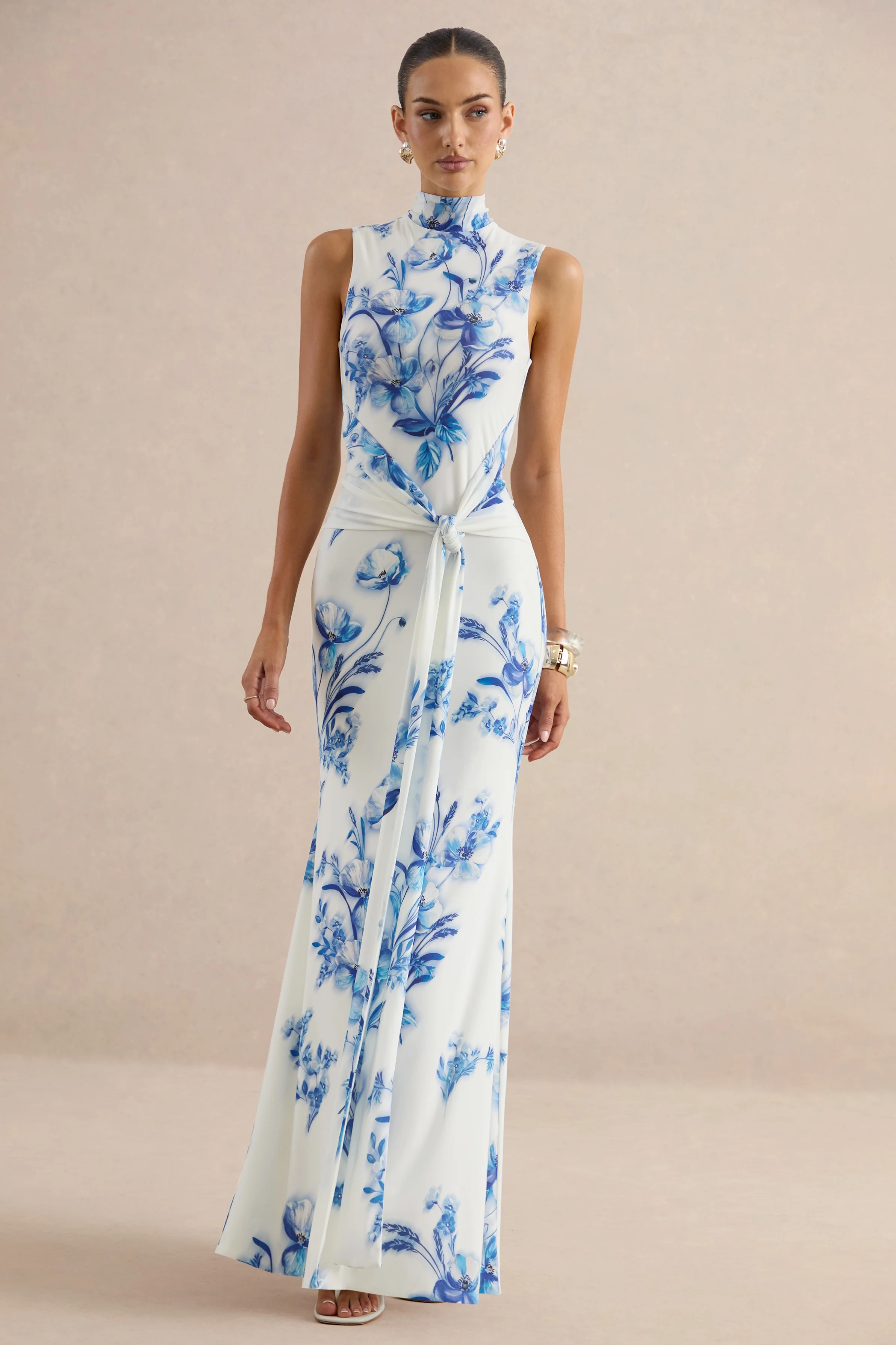 Isella | Blue Floral Print High-Neck Maxi Dress With Gathered Detailing - Image 4