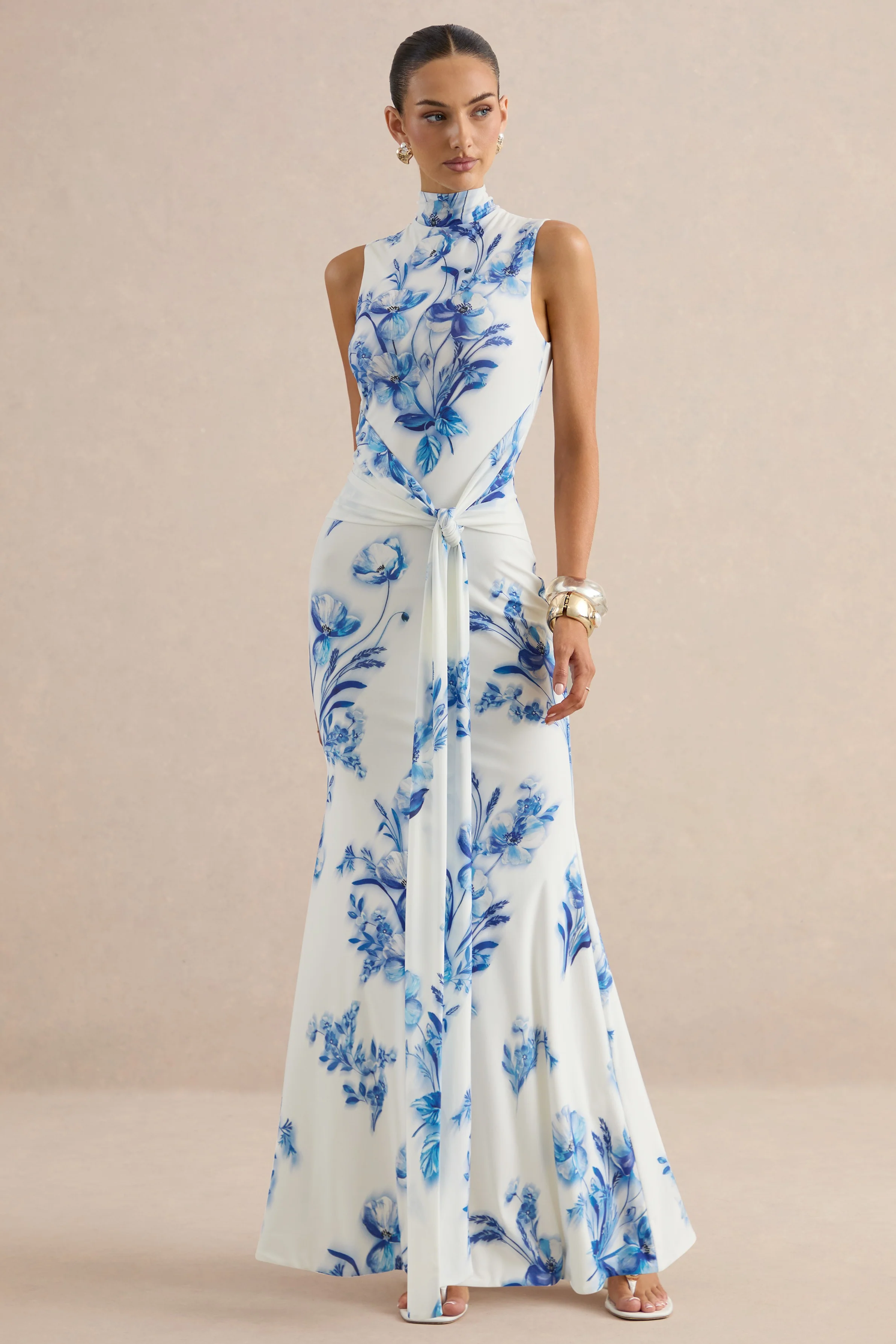 Isella | Blue Floral Print High-Neck Maxi Dress With Gathered Detailing - Image 5