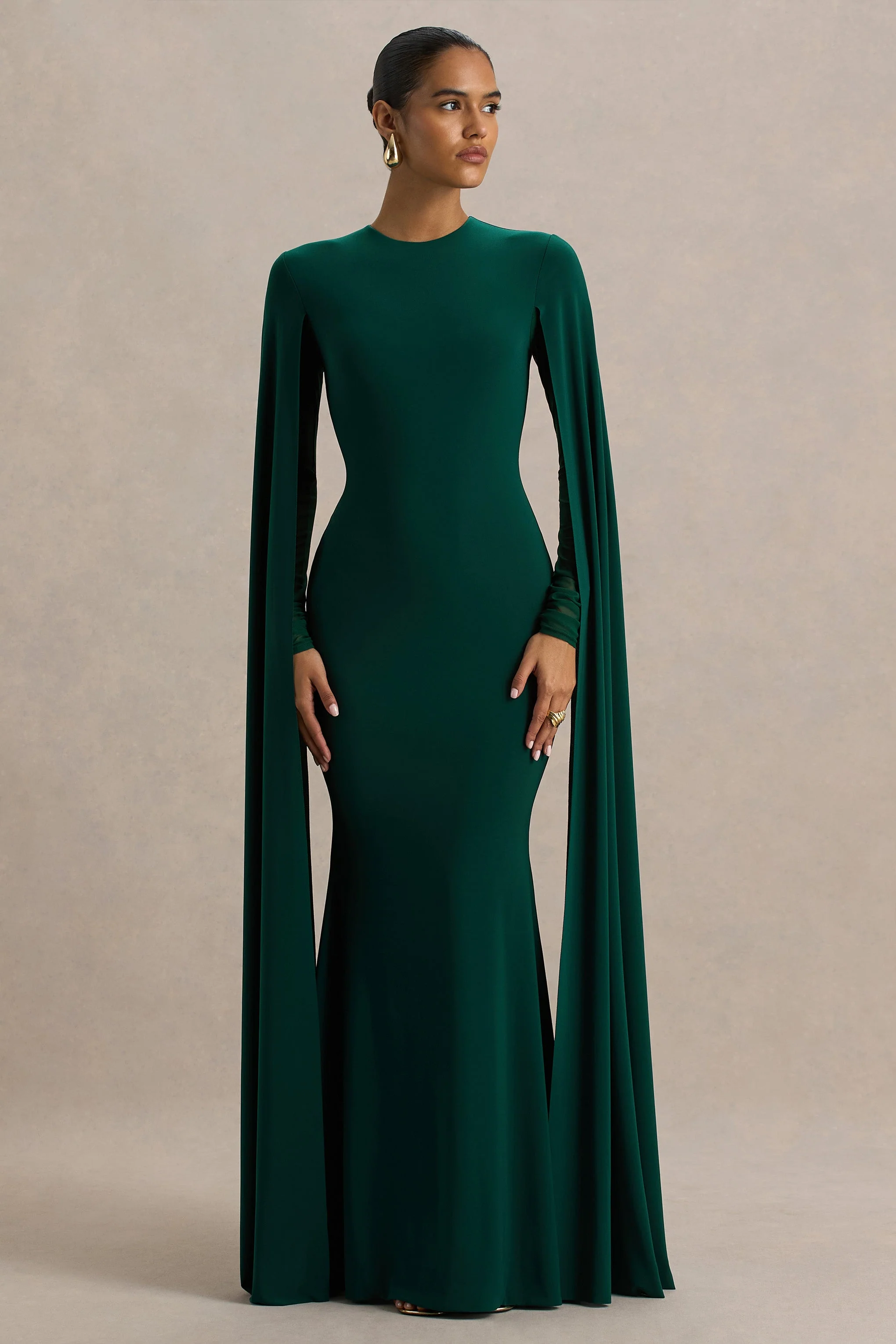 Isla | Flessengroene Hoge Ronde Hals Maxi Jurk Met Cape Mouwen