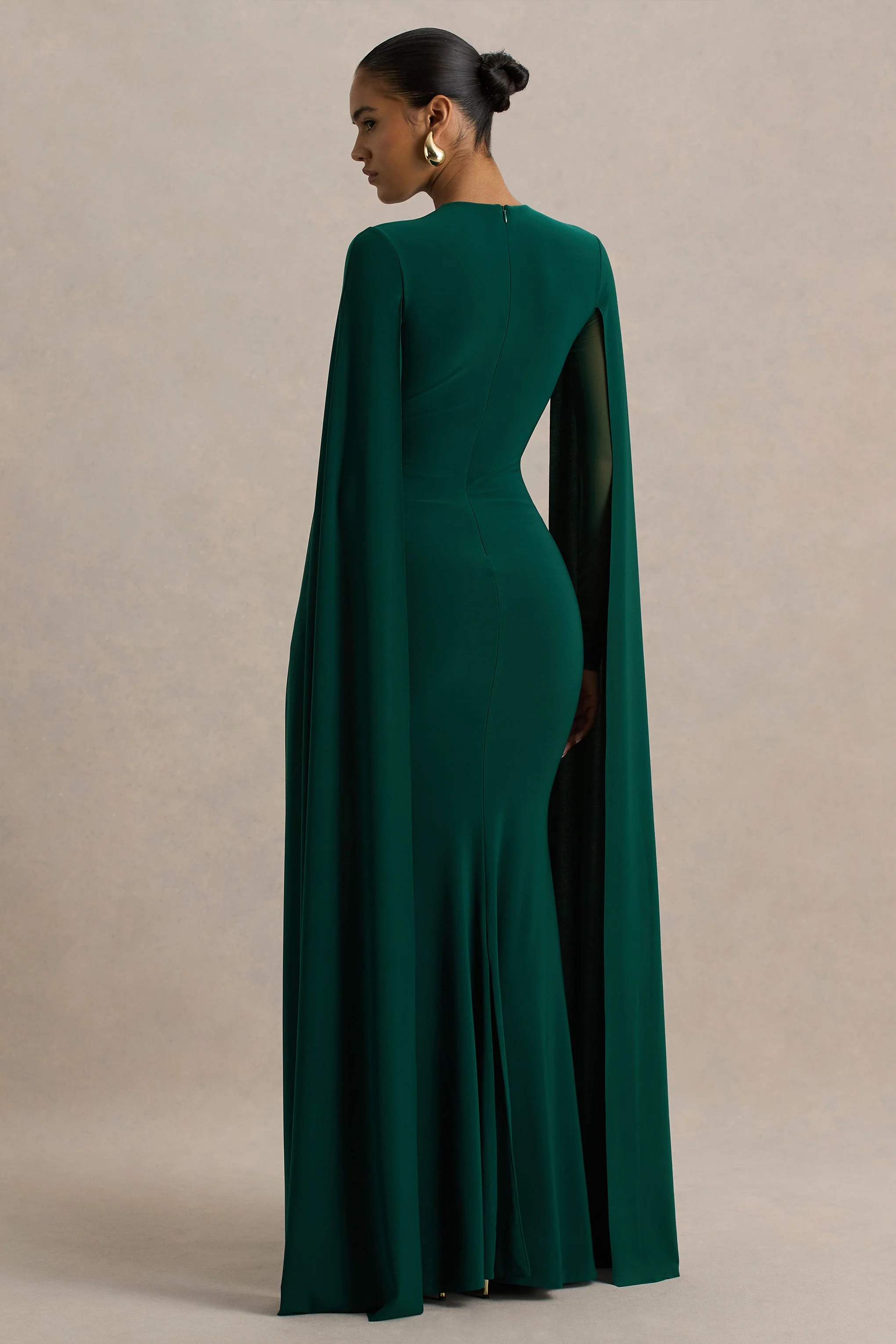 Isla | Flessengroene Hoge Ronde Hals Maxi Jurk Met Cape Mouwen - Image 2
