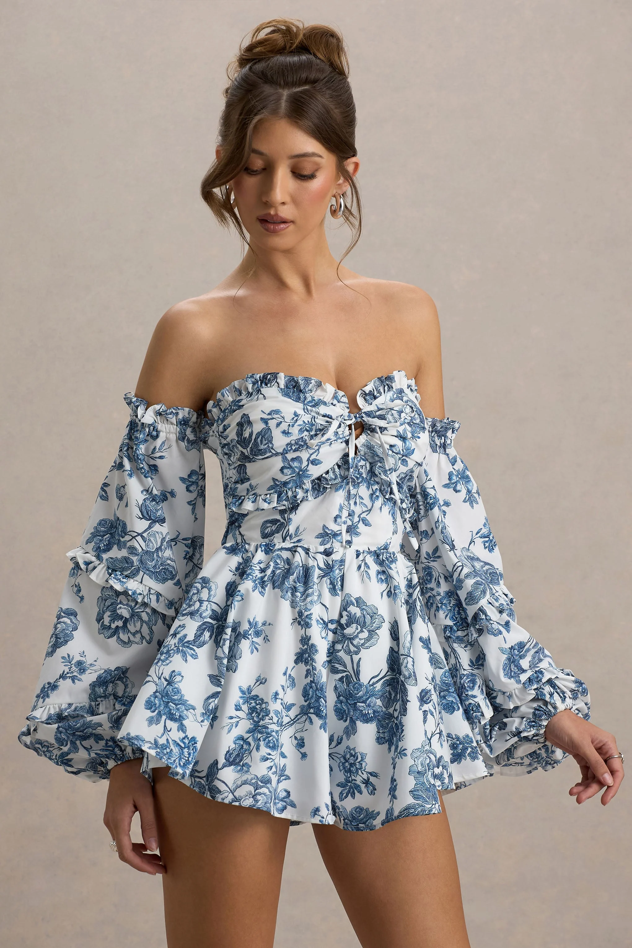 Ithaca | Blauwe Porselein Print Bardot Gerimpelde Playsuit - Image 5