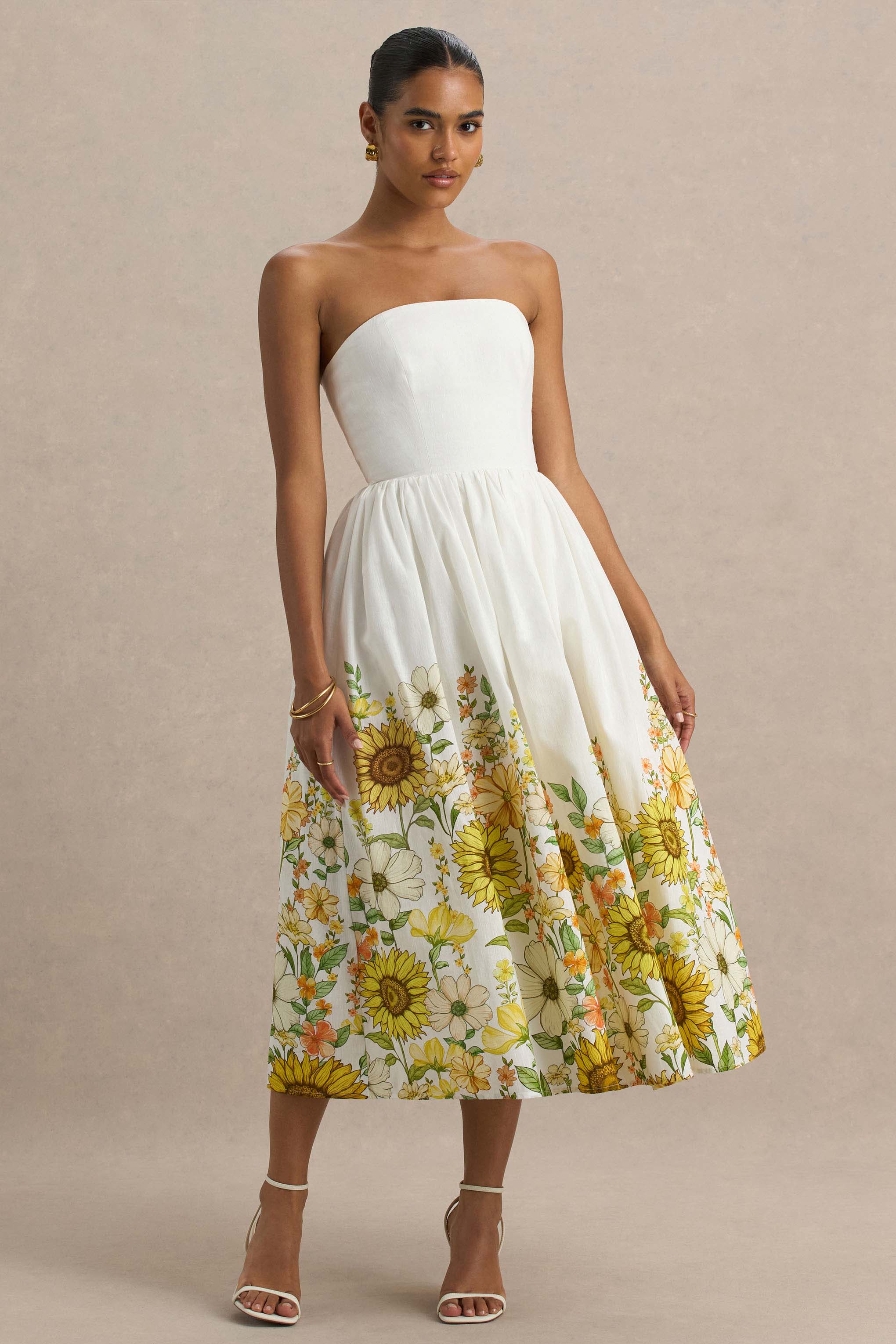 Ivory | Zonnebloem Print Bandeau Midi Jurk Met Hoog-Lage Zoom