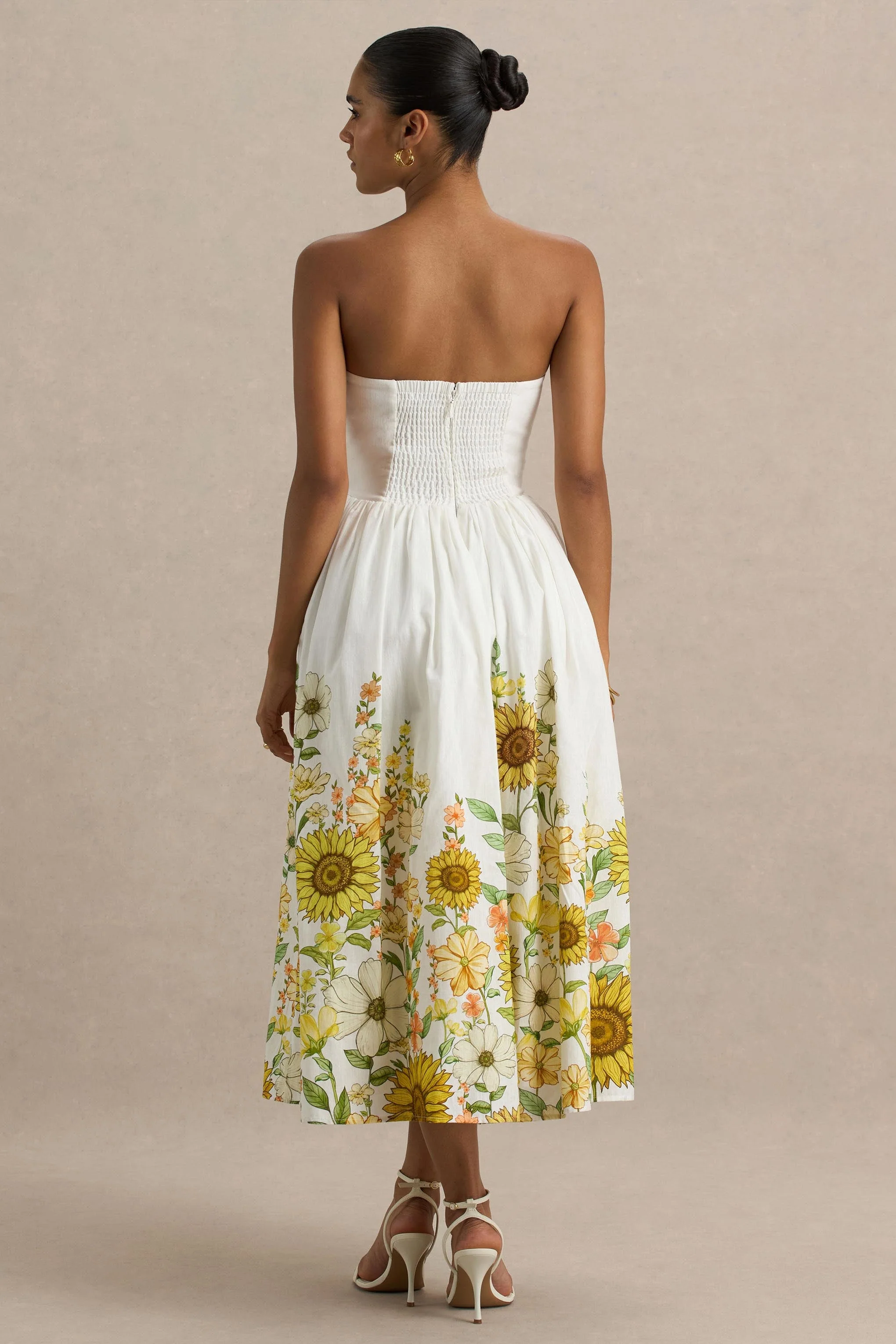 Ivory | Zonnebloem Print Bandeau Midi Jurk Met Hoog-Lage Zoom - Image 2