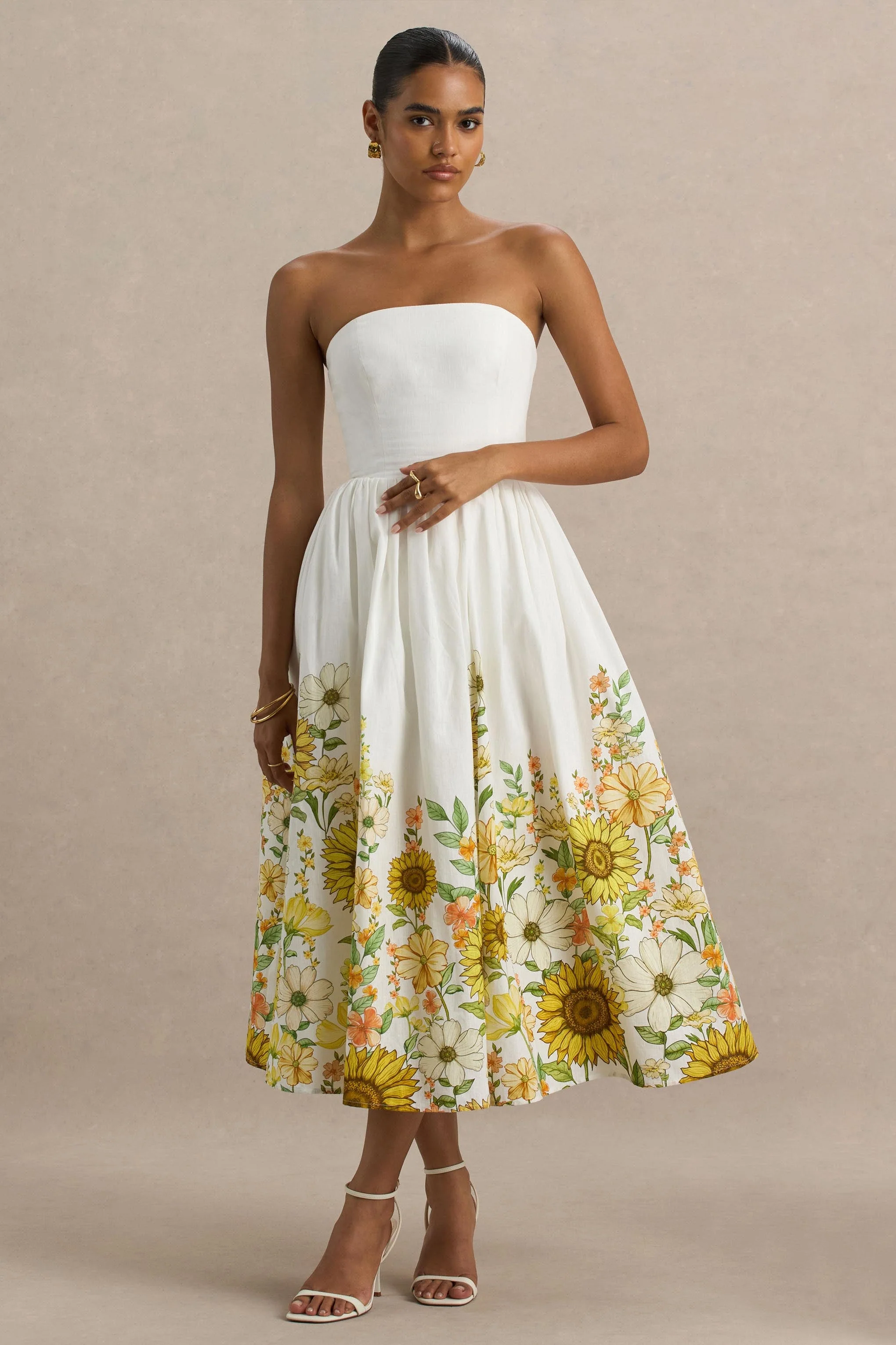 Ivory | Zonnebloem Print Bandeau Midi Jurk Met Hoog-Lage Zoom - Image 3
