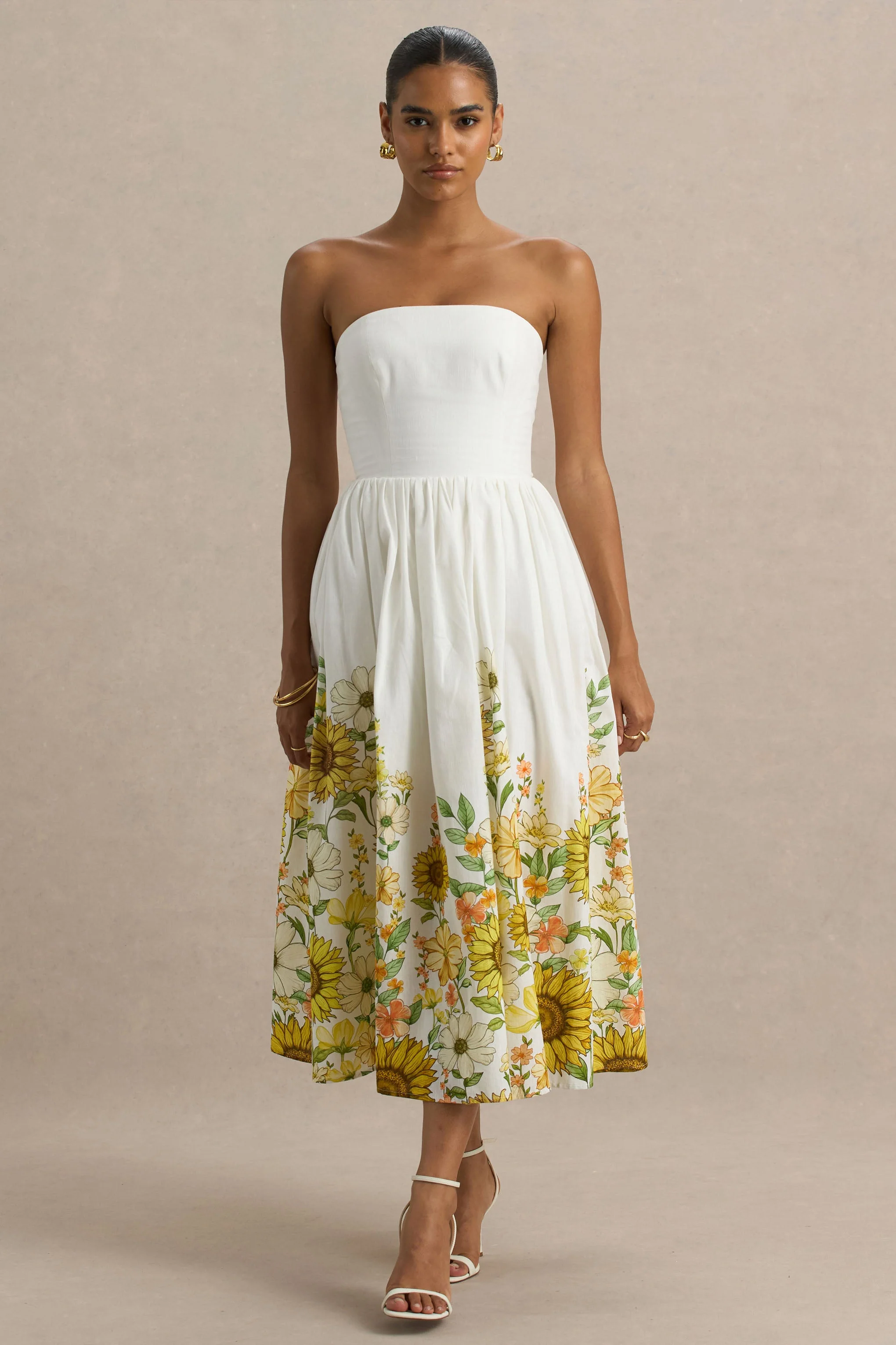 Ivory | Zonnebloem Print Bandeau Midi Jurk Met Hoog-Lage Zoom - Image 4