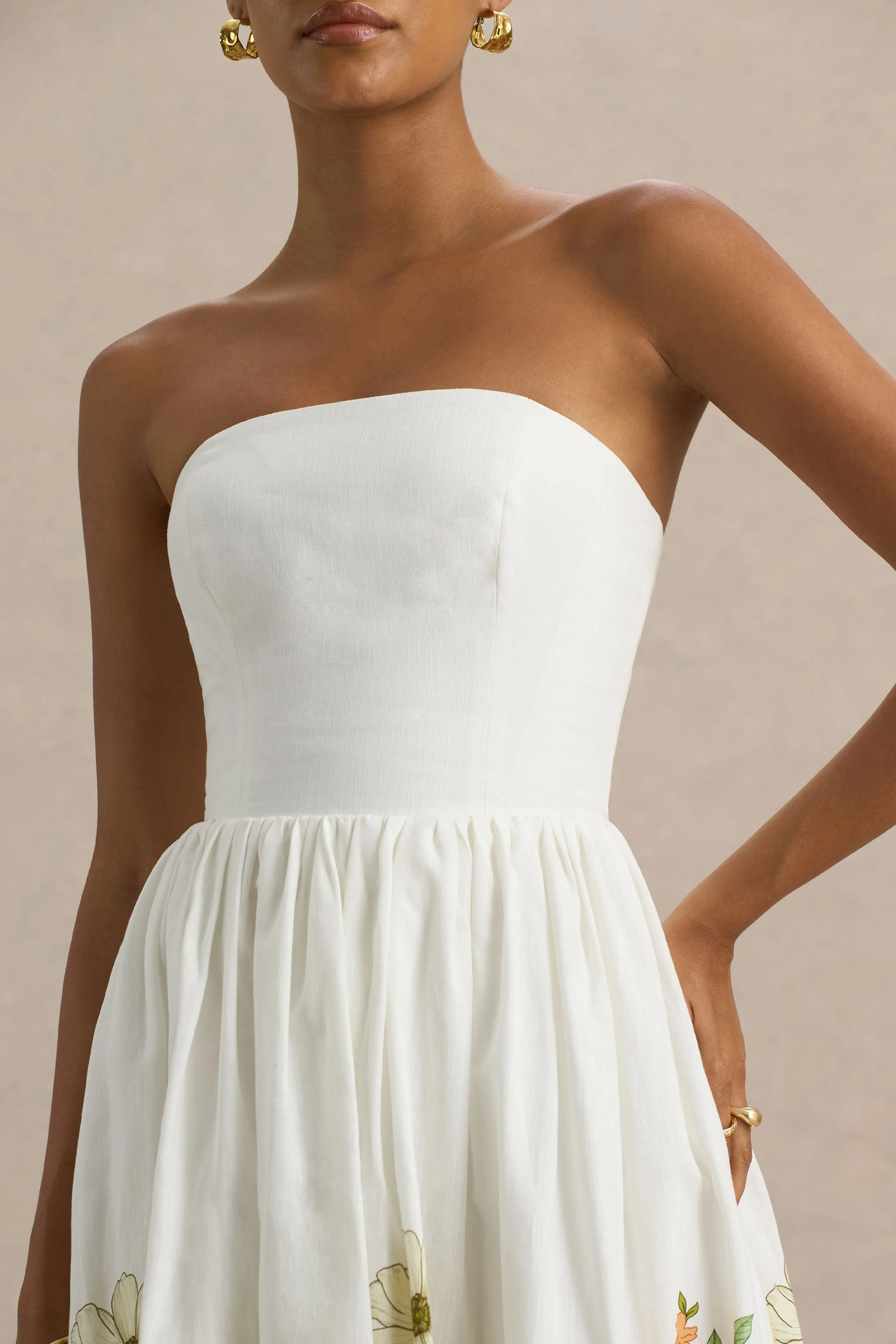 Ivory | Zonnebloem Print Bandeau Midi Jurk Met Hoog-Lage Zoom - Image 5