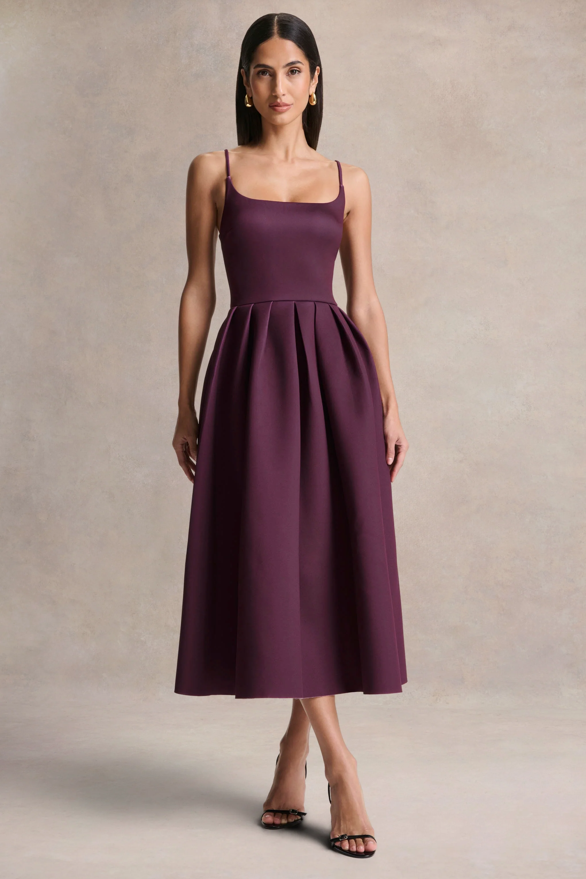 Jamila | Pruim Midi Jurk Met Ronde Hals