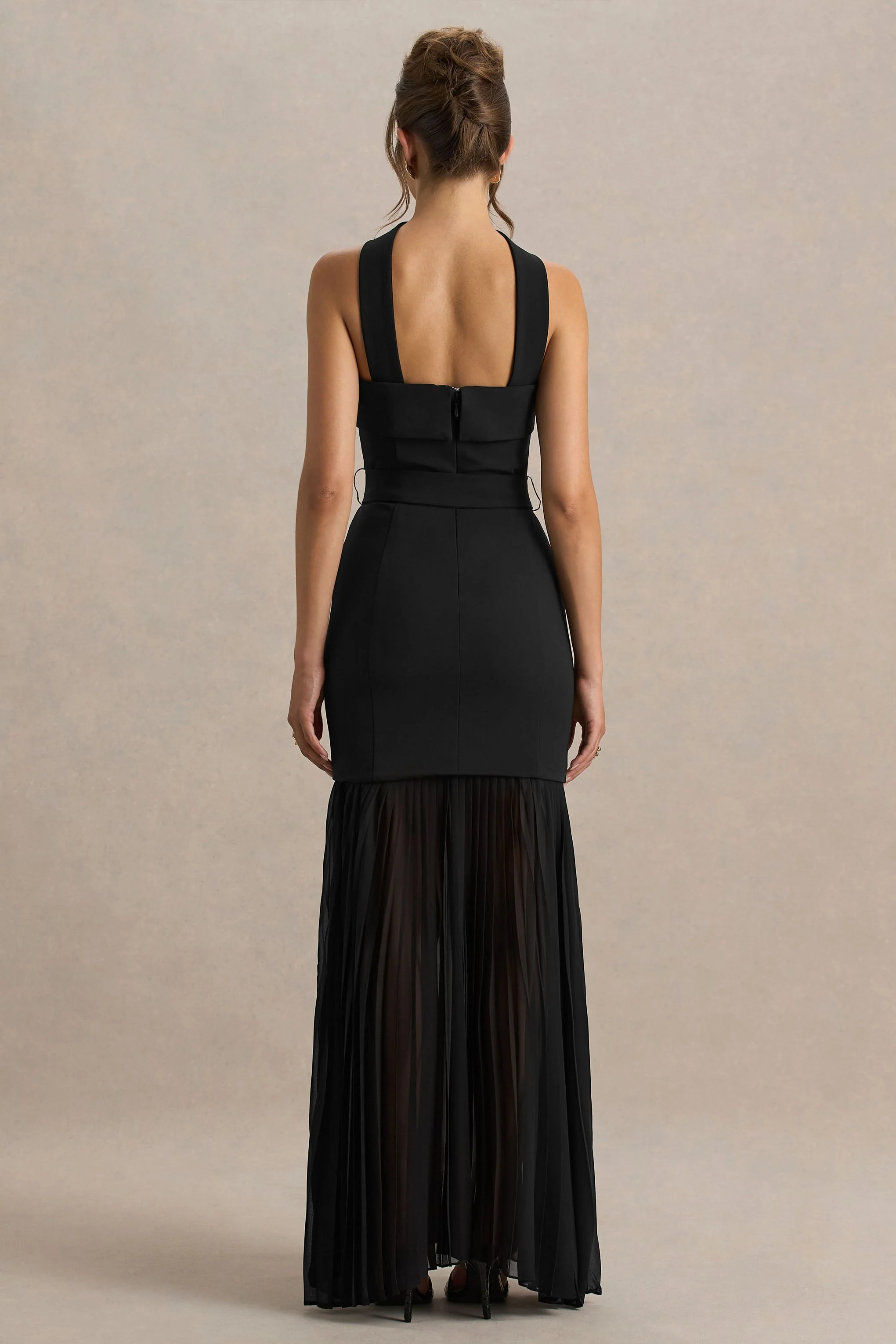 Jaquetta | Zwarte Maxi Jurk Met Geplooide Chiffon Rok En Riem - Image 2