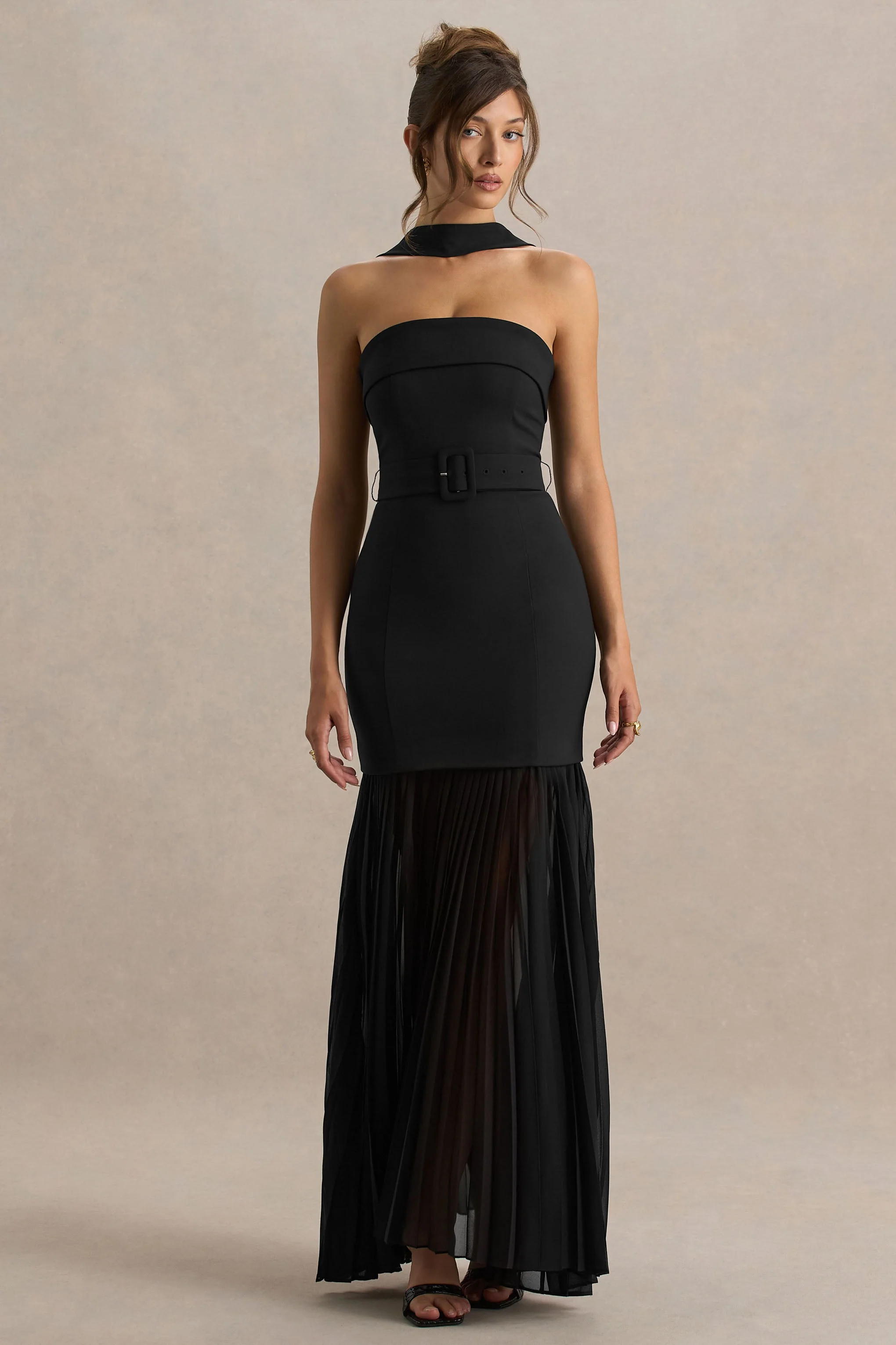 Jaquetta | Zwarte Maxi Jurk Met Geplooide Chiffon Rok En Riem - Image 4