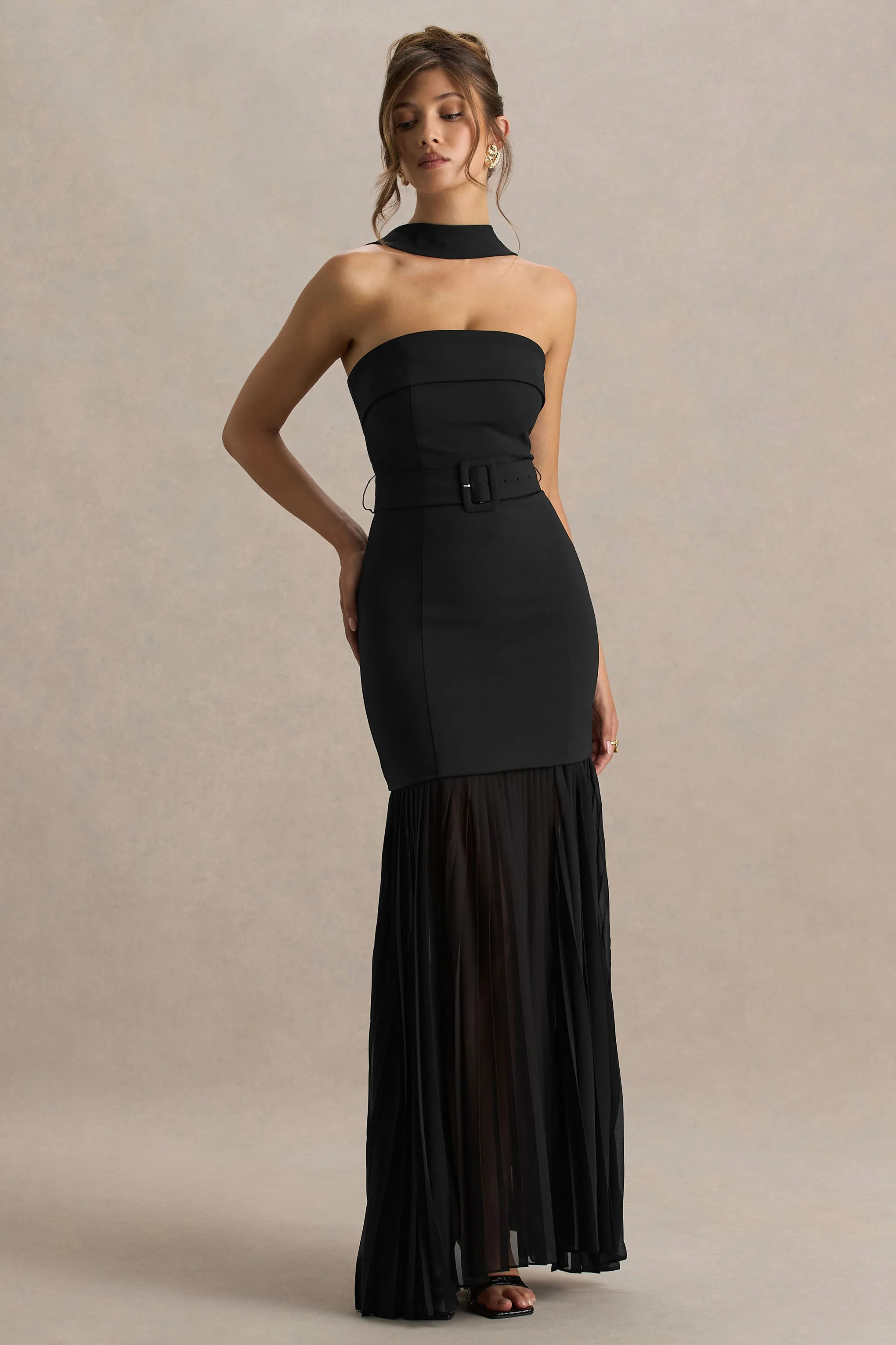 Jaquetta | Zwarte Maxi Jurk Met Geplooide Chiffon Rok En Riem - Image 5