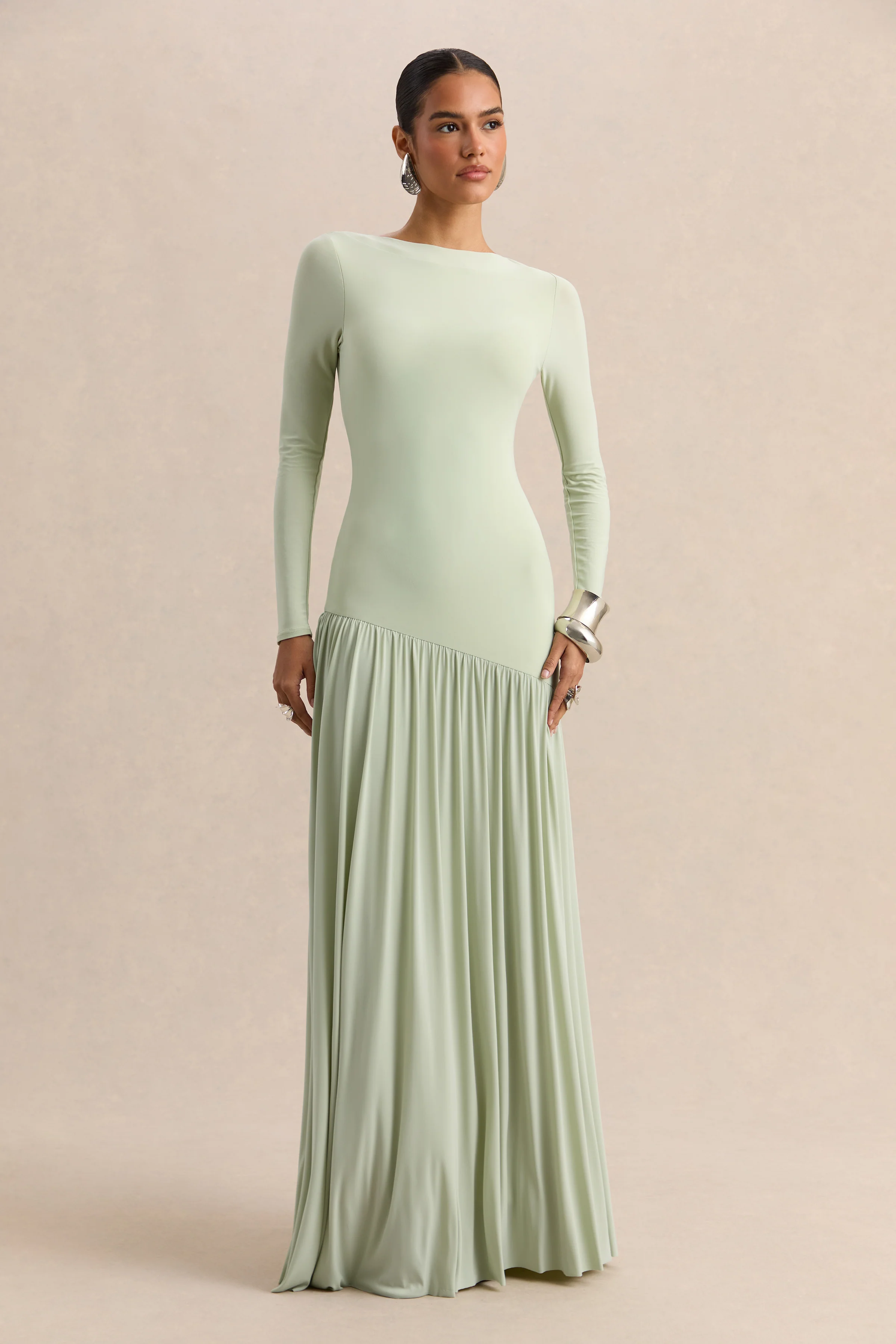 Jasira | Mintgroene Maxi Jurk Met Ronde Hals En Asymmetrische verlaagde Taille - Image 4
