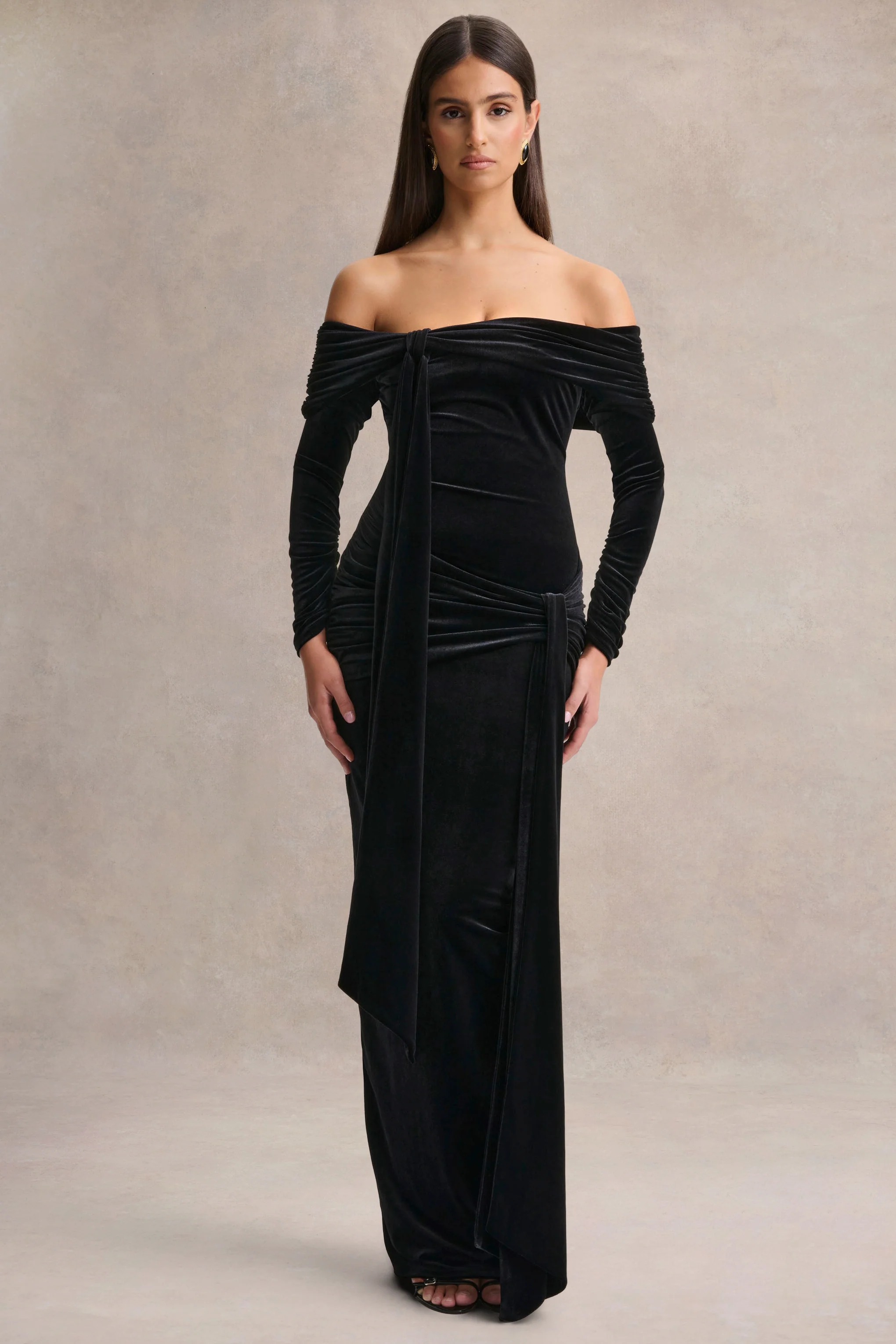 Jessara | Zwarte Bardot Hals Maxi Jurk Met Knoop-Detail