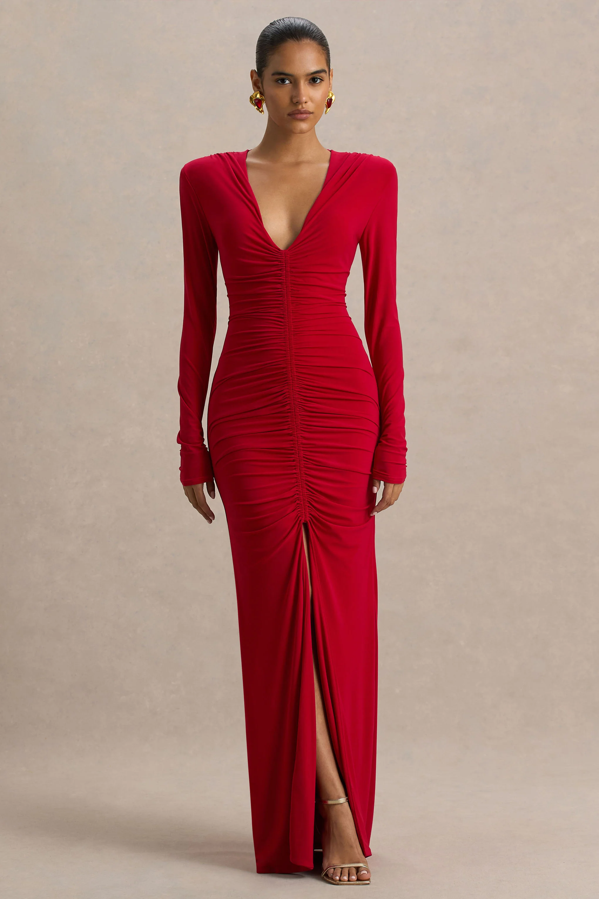 Jewel | Rode V-Hals Maxi Jurk Met Voorsplit En Gerimpeld Detail