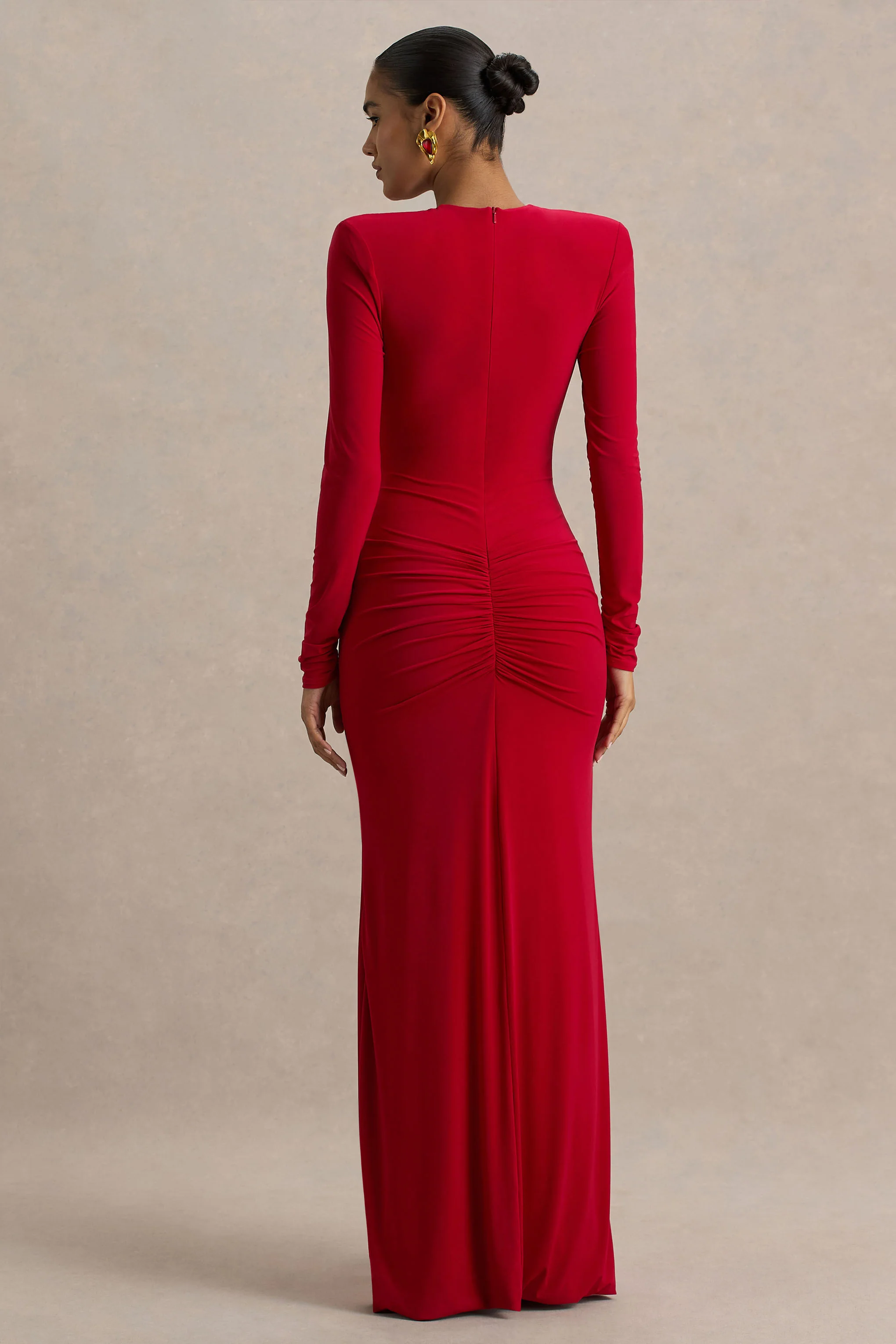 Jewel | Rode V-Hals Maxi Jurk Met Voorsplit En Gerimpeld Detail - Image 2