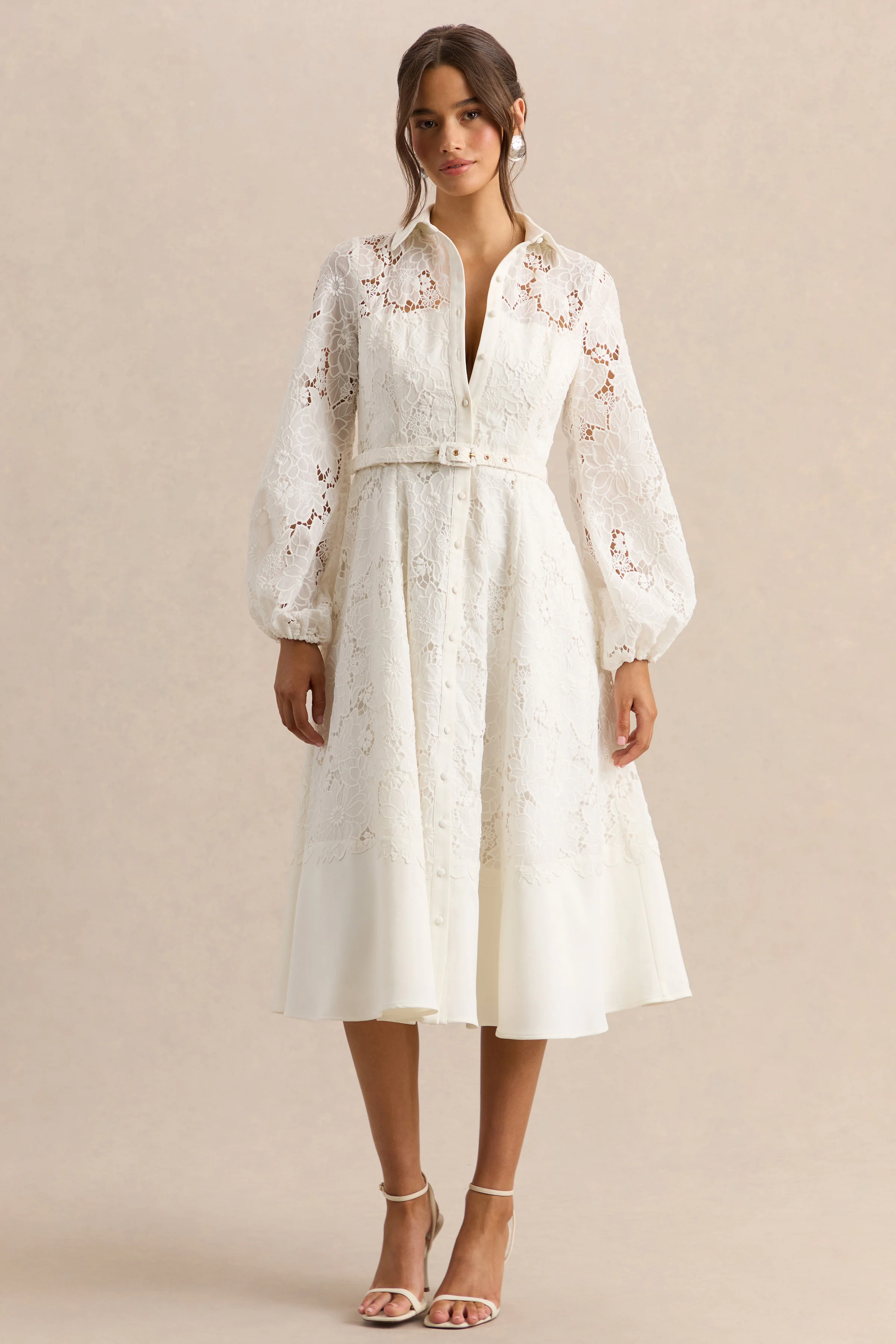 Jules | Crème Broderie Hoge Hals Getailleerde Midi Jurk Met Pof Mouwen - Image 4
