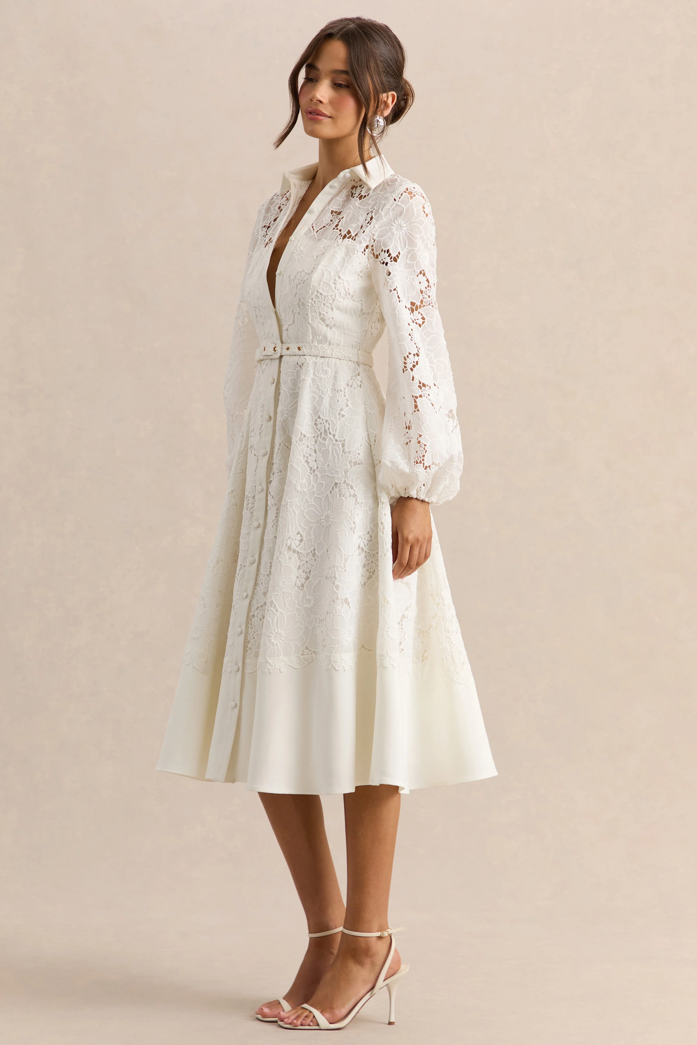 Jules | Crème Broderie Hoge Hals Getailleerde Midi Jurk Met Pof Mouwen - Image 5