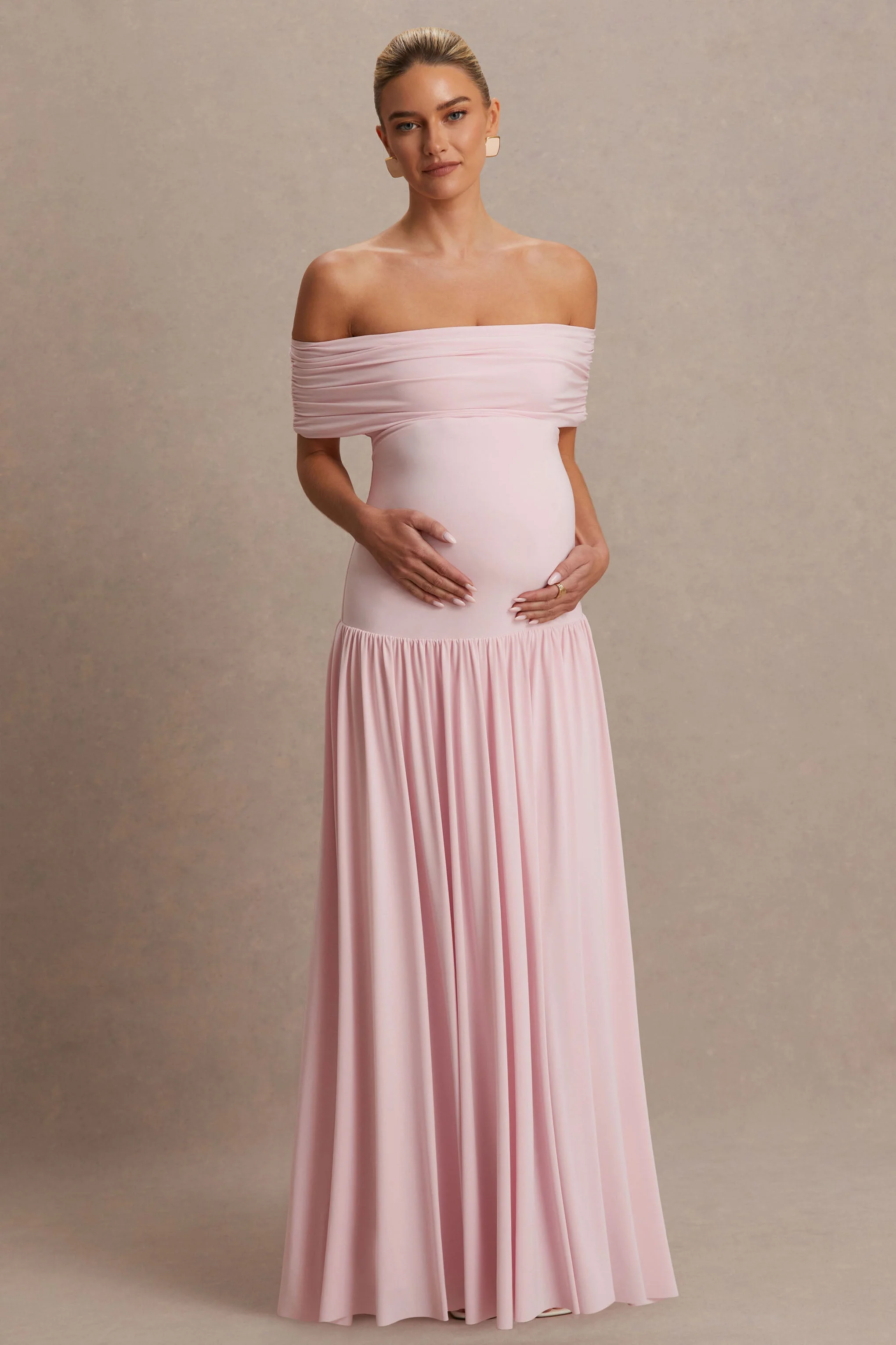 Juliette | Blosroze Bardot Hals Zwangerschaps Maxi Jurk Met Verlaagde Taille